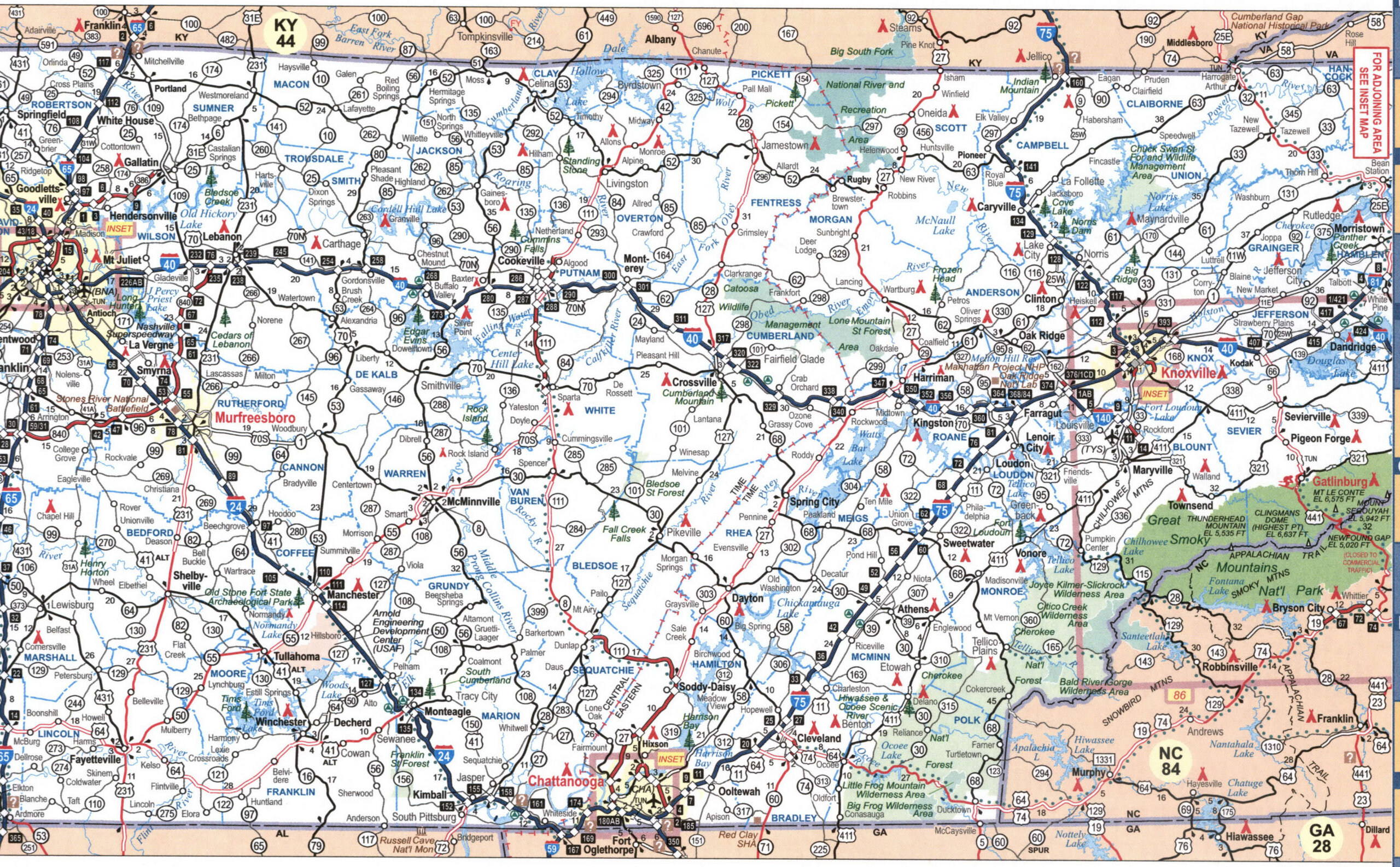 Detailed map of eastern Tennessee with cities and roads
