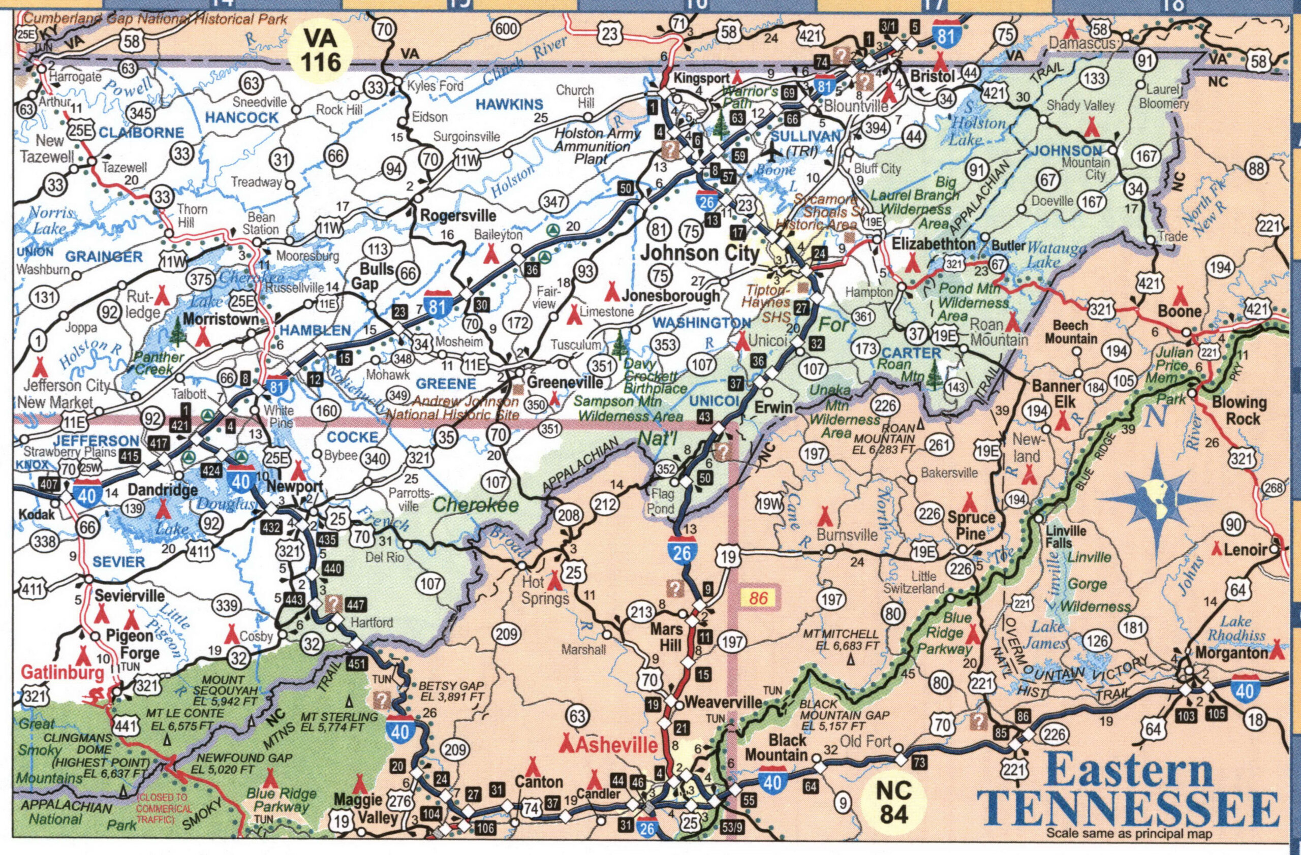 Map of the eastern section of the state of Tennessee with cities and roads