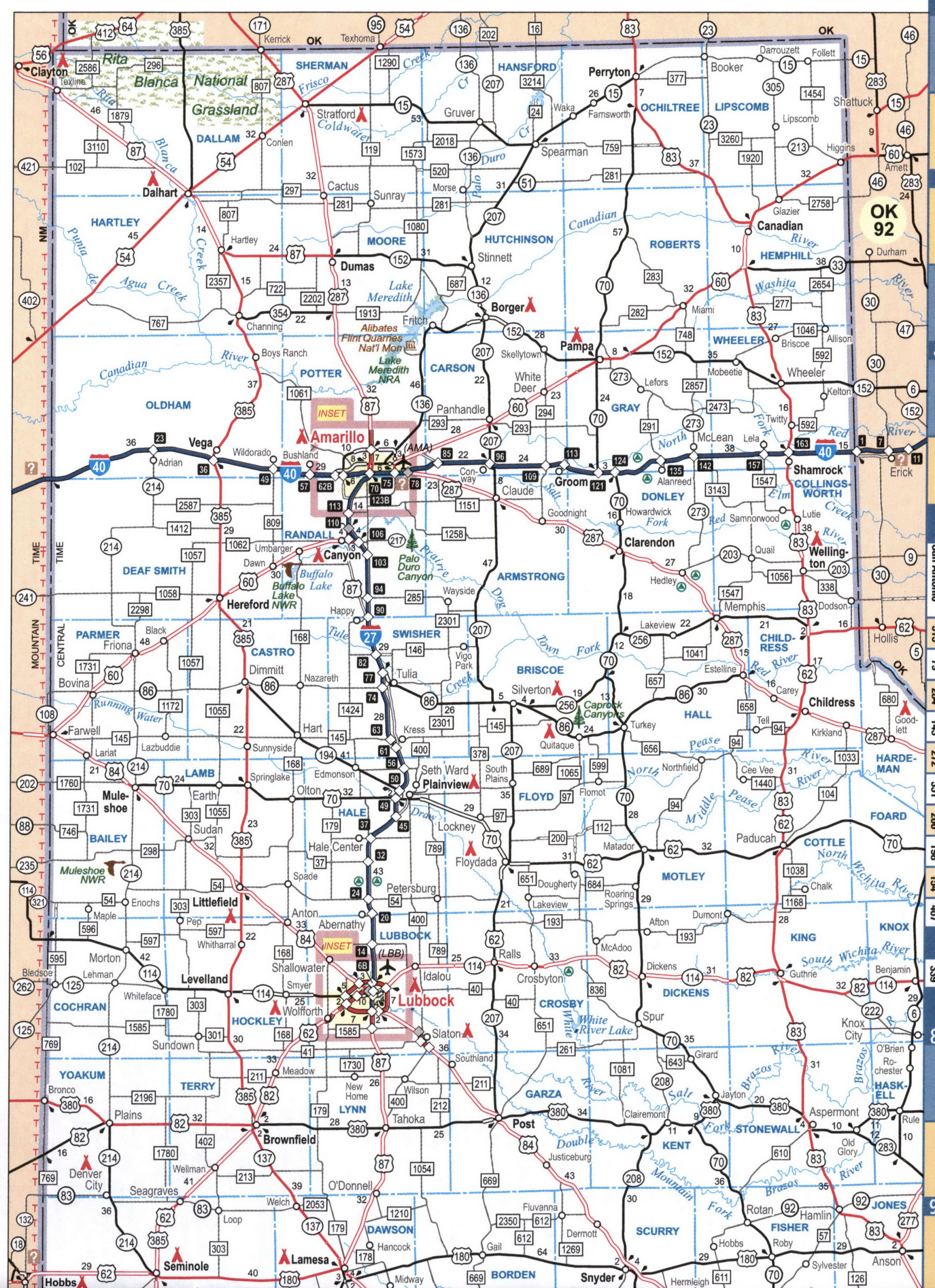 Detailed map of the northwest of Texas with cities and roads
