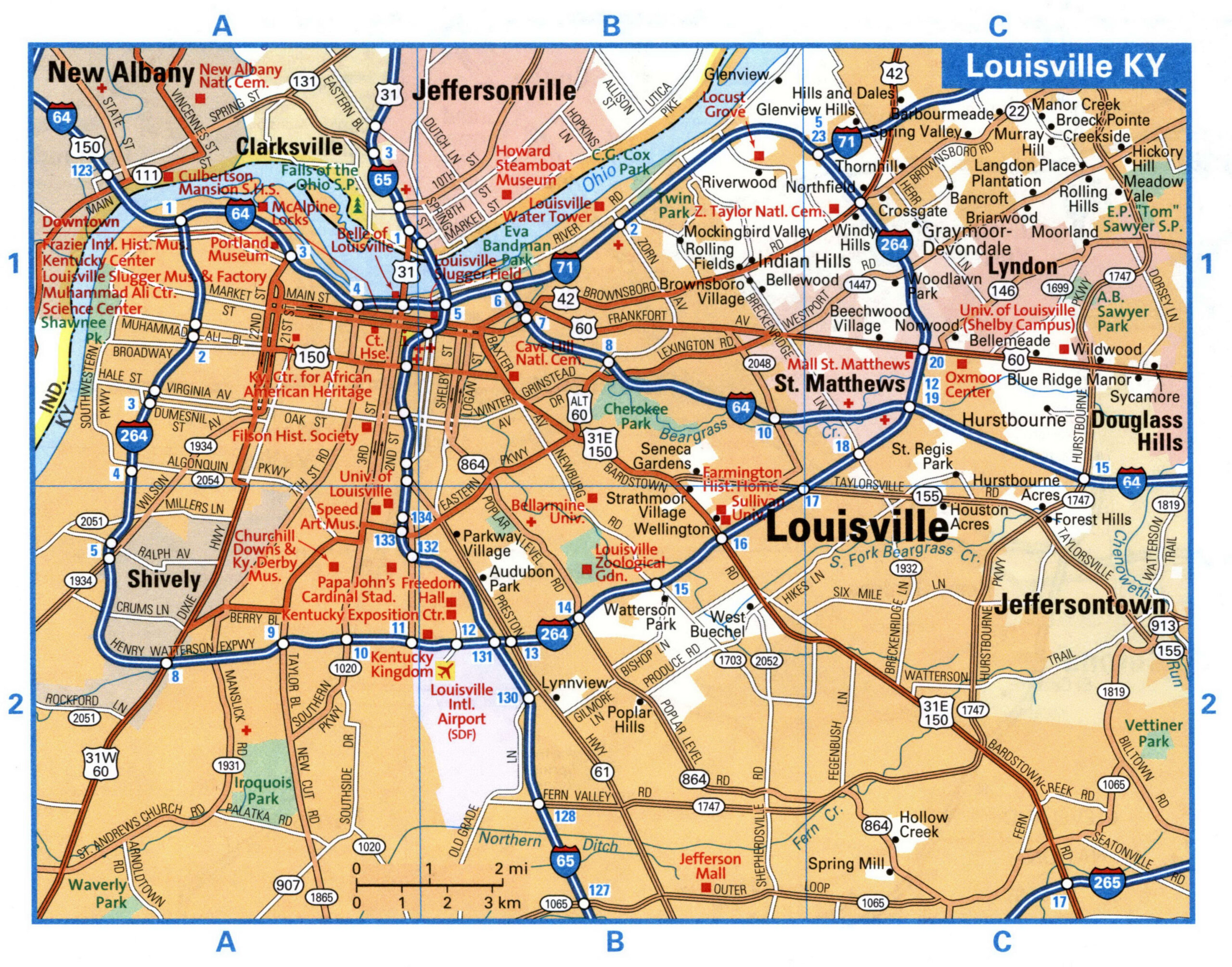 Louisville KY tourist map with points of interest