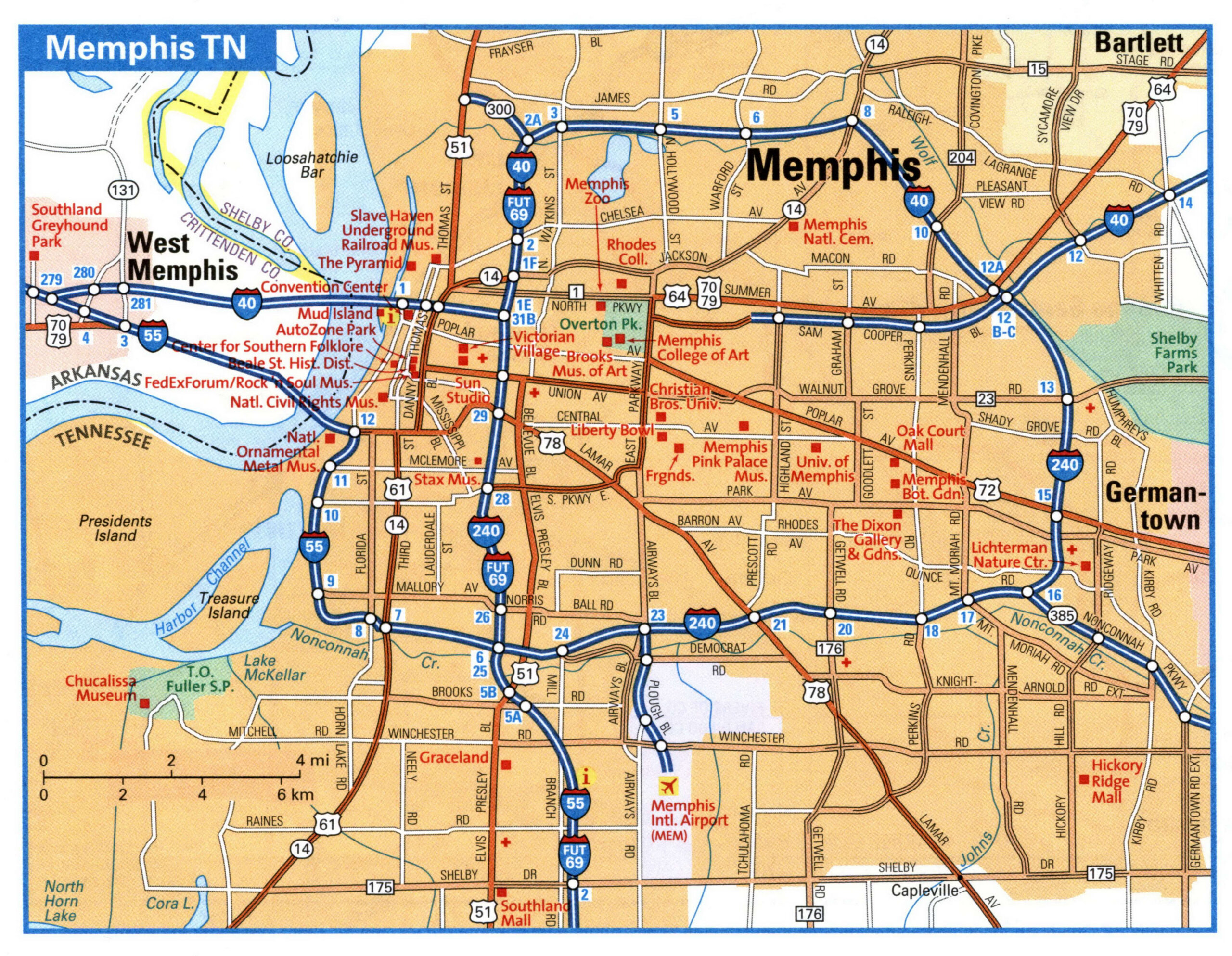 Memphis TN tourist map with points of interest