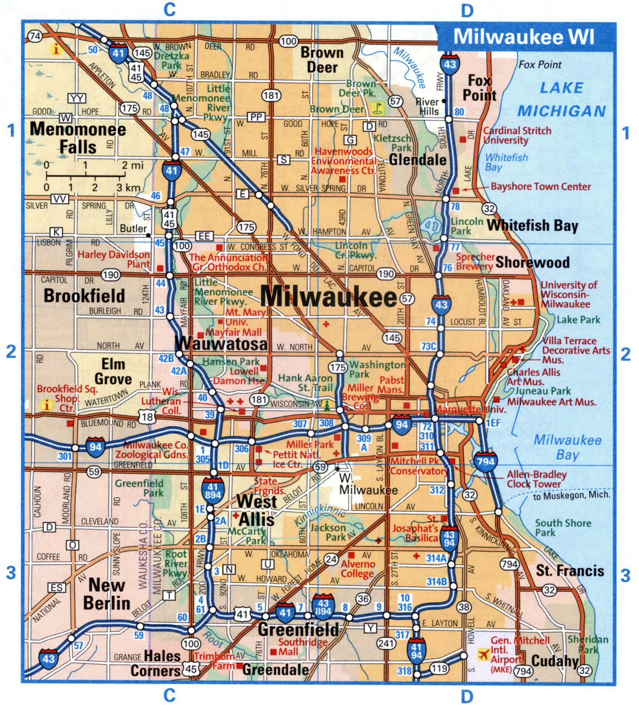 Milwaukee WI tourist map with points of interest