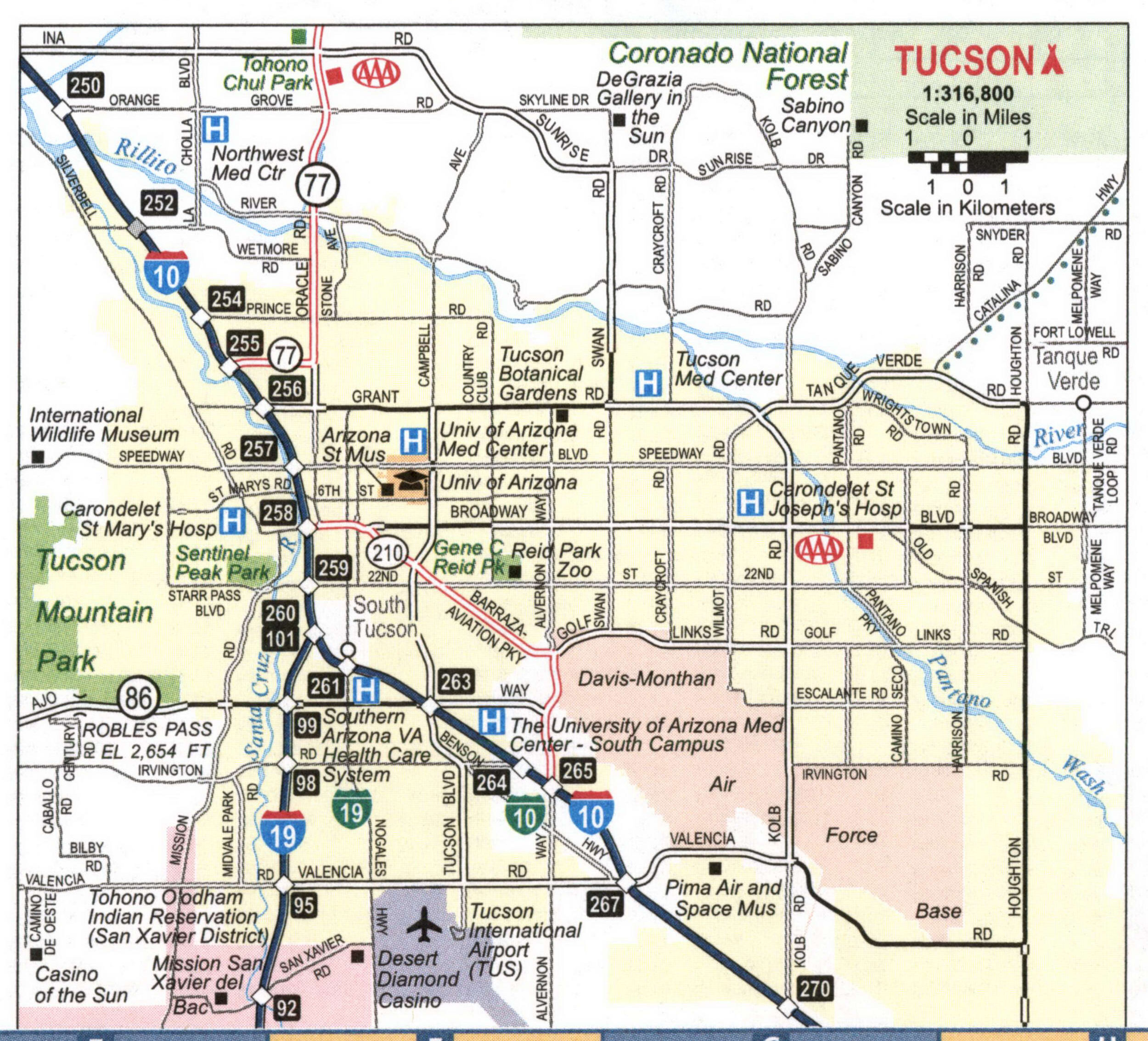 Map of highways and roads of Tucson