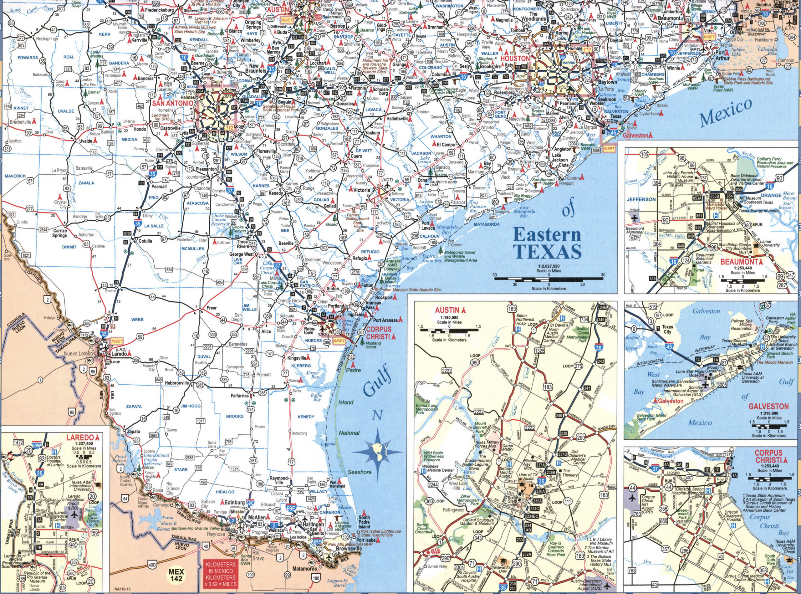 Detailed map of the southeast of Texas with cities and roads