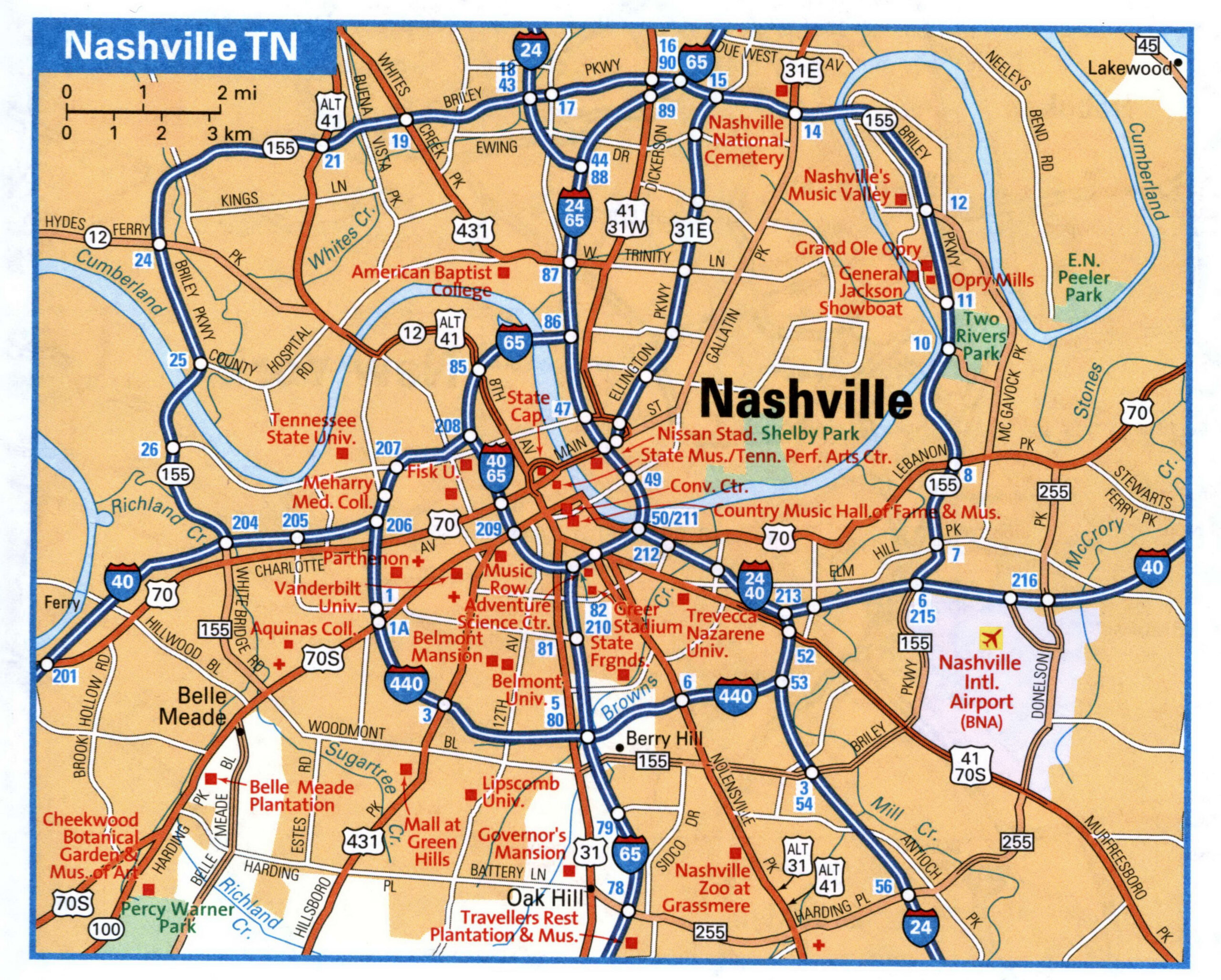 Nashville TN tourist map with points of interest