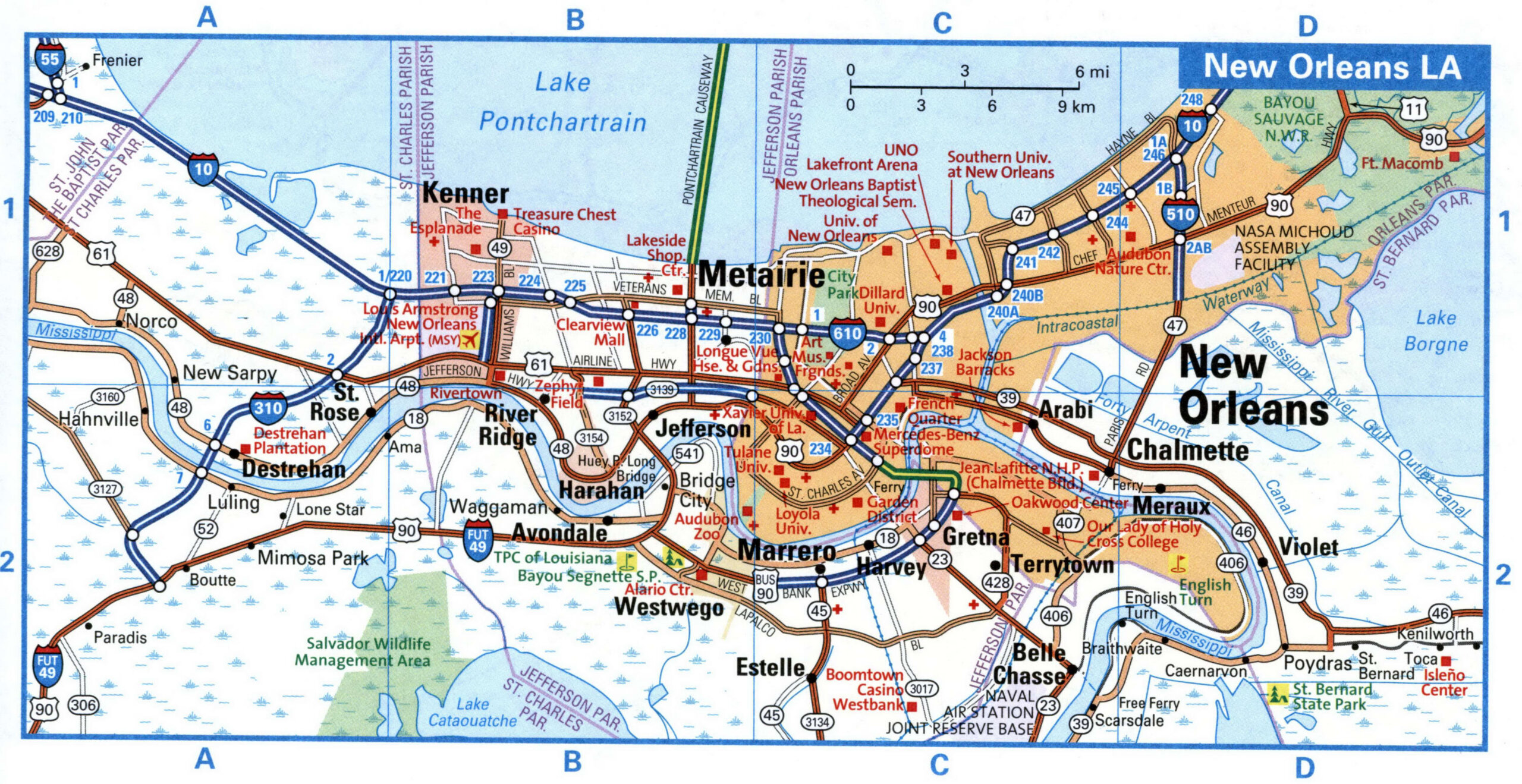 New Orleans LA tourist map with points of interest