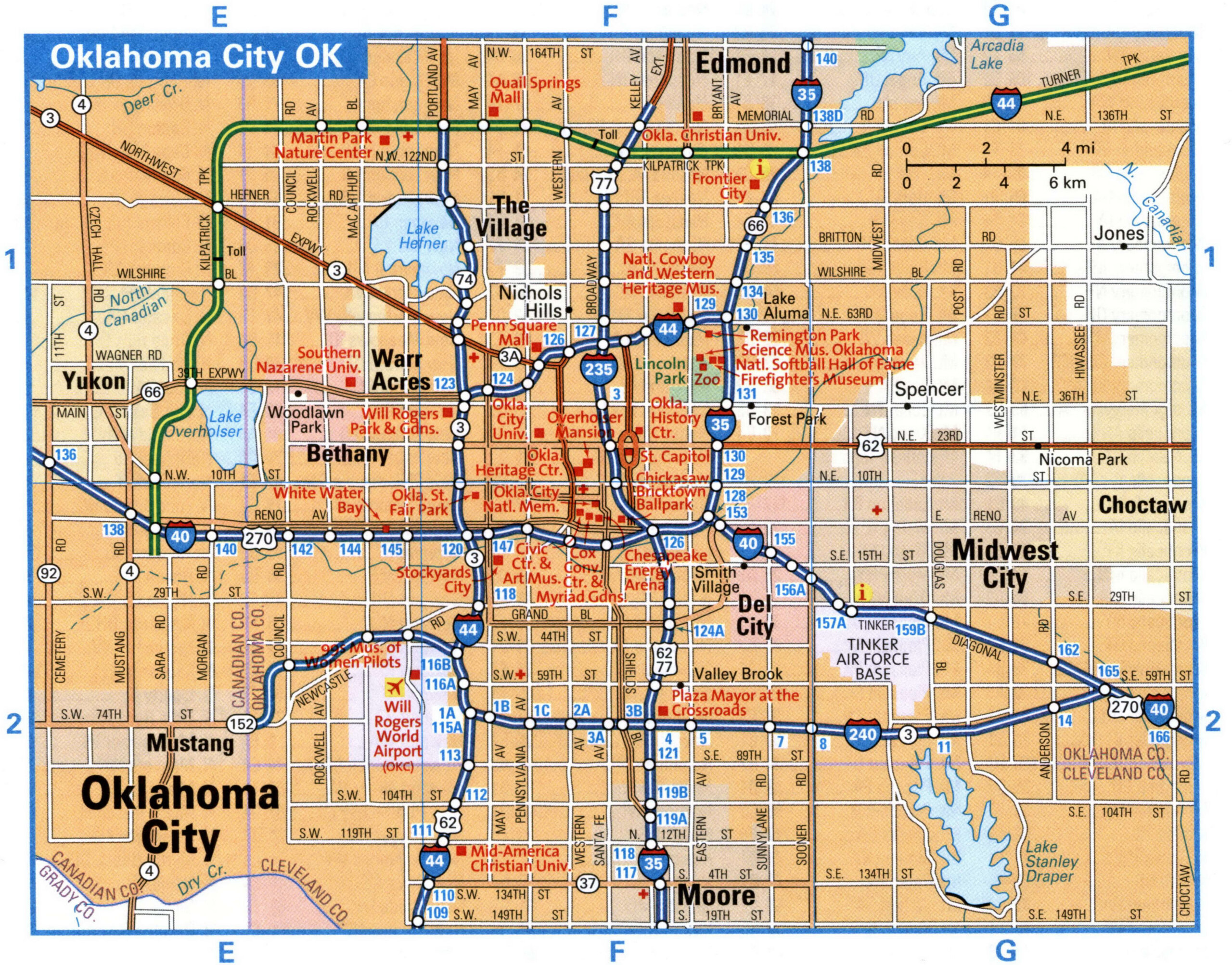 Oklahoma City OK tourist map with points of interest