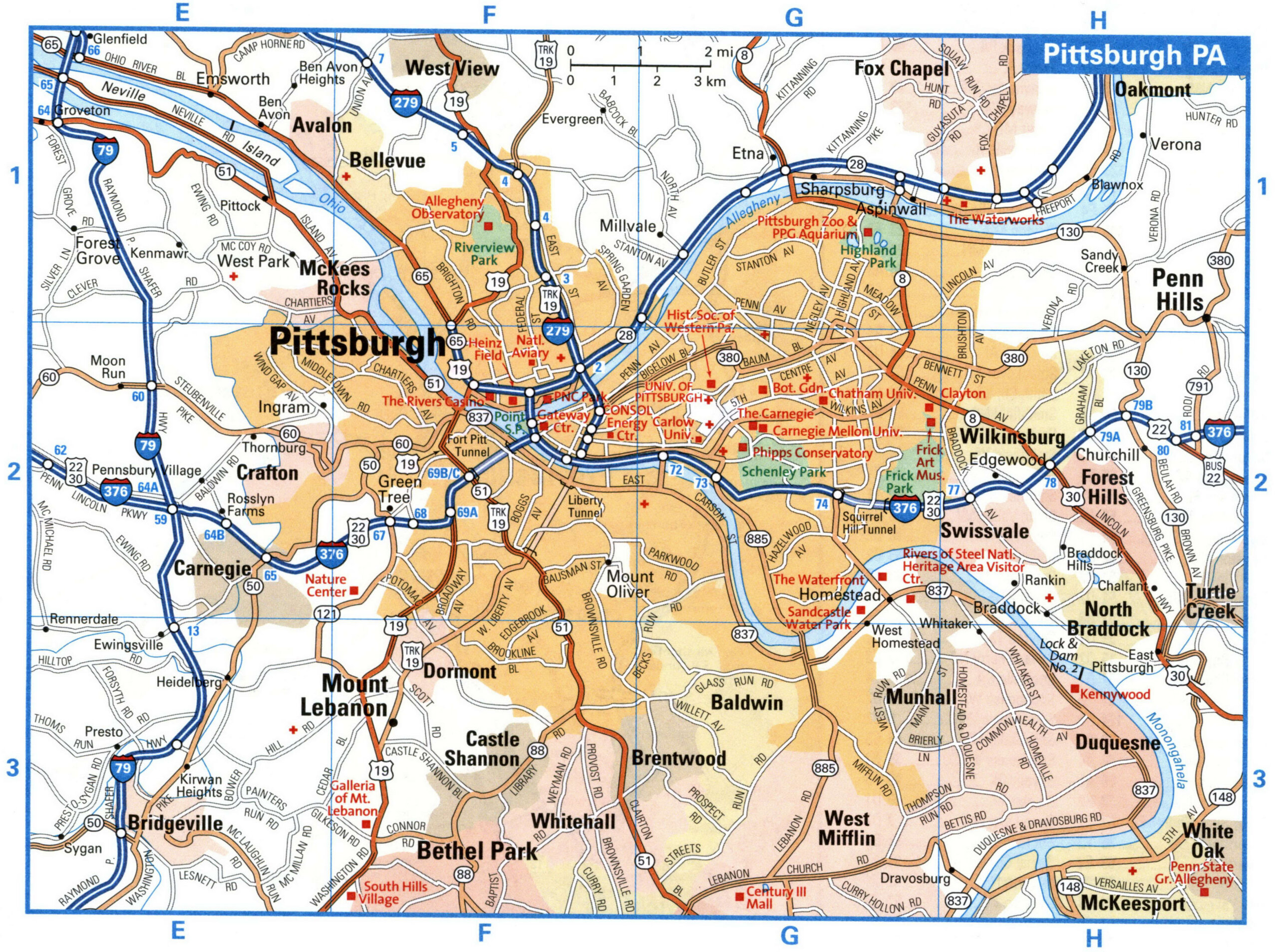 Pittsburgh PA tourist map with points of interest