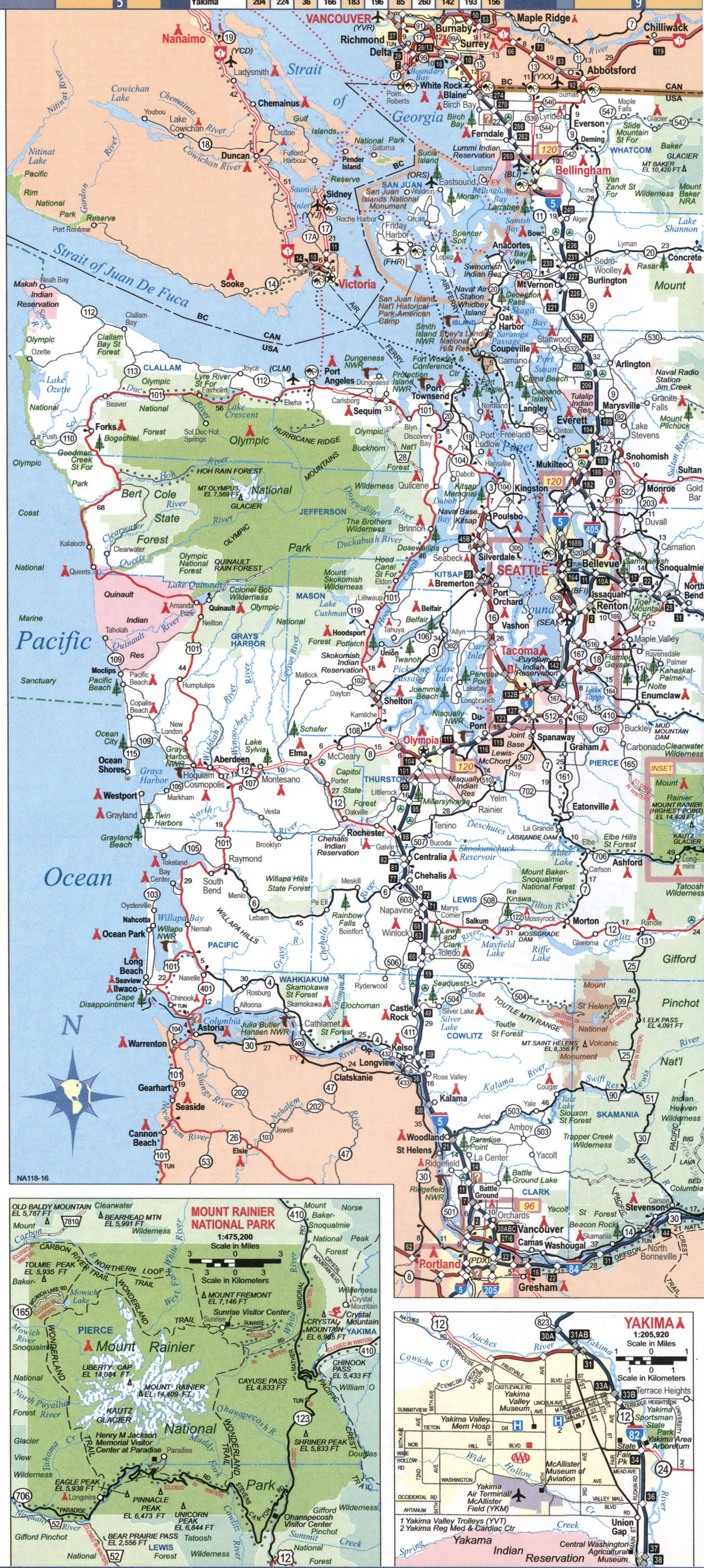 Map of the coast of Washington State with highways and roads