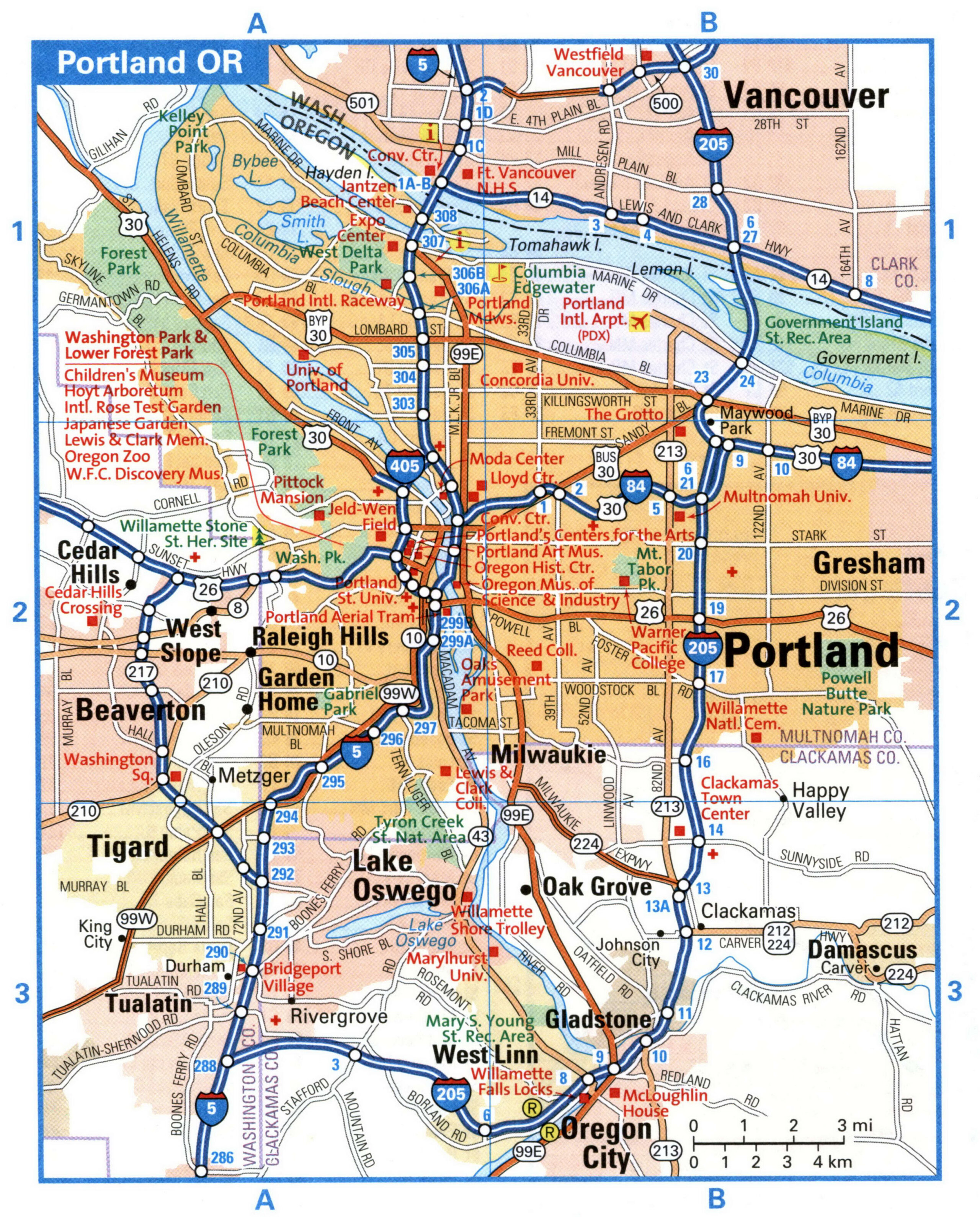 Portland OR tourist map with points of interest