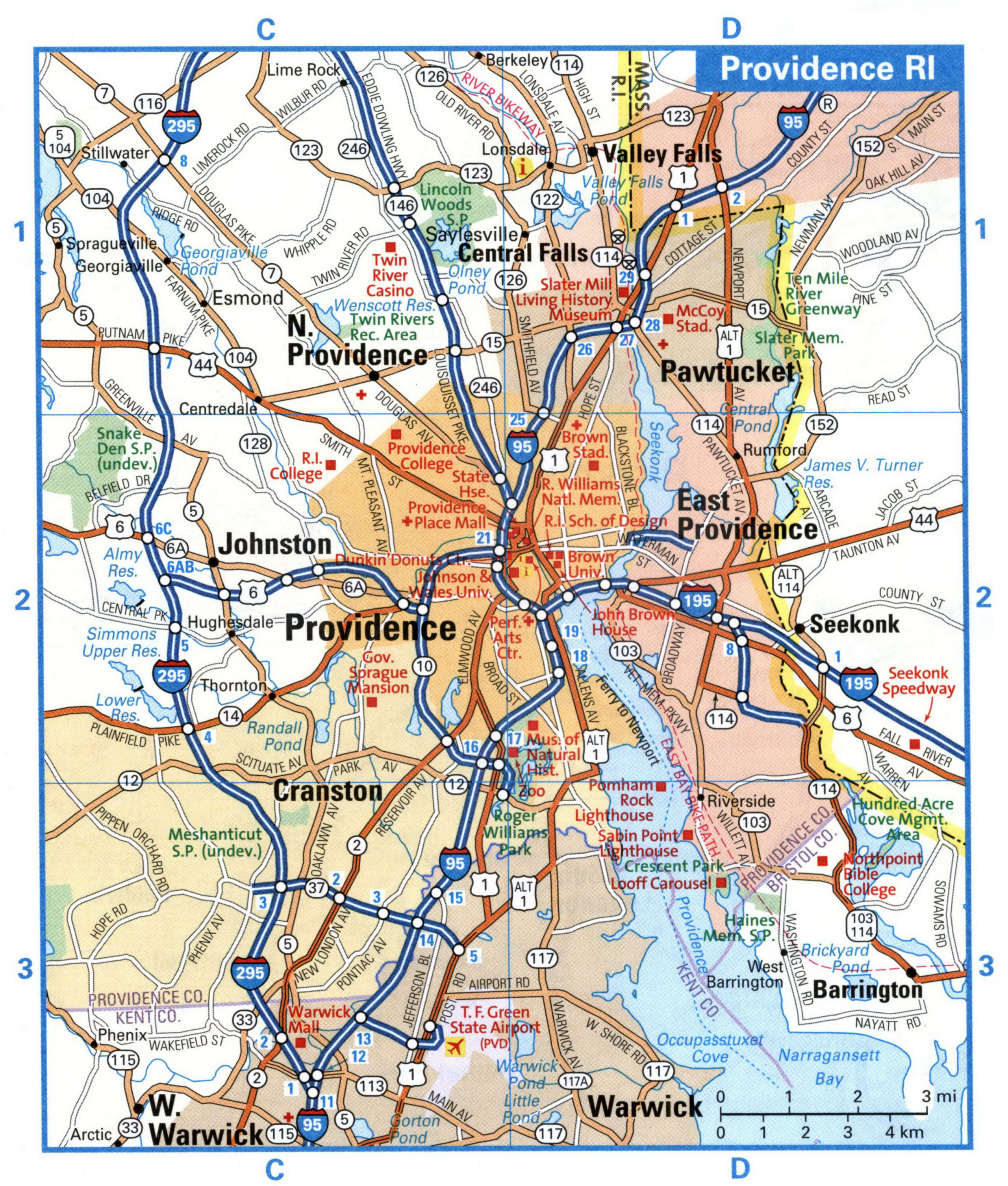 Providence RI tourist map with points of interest
