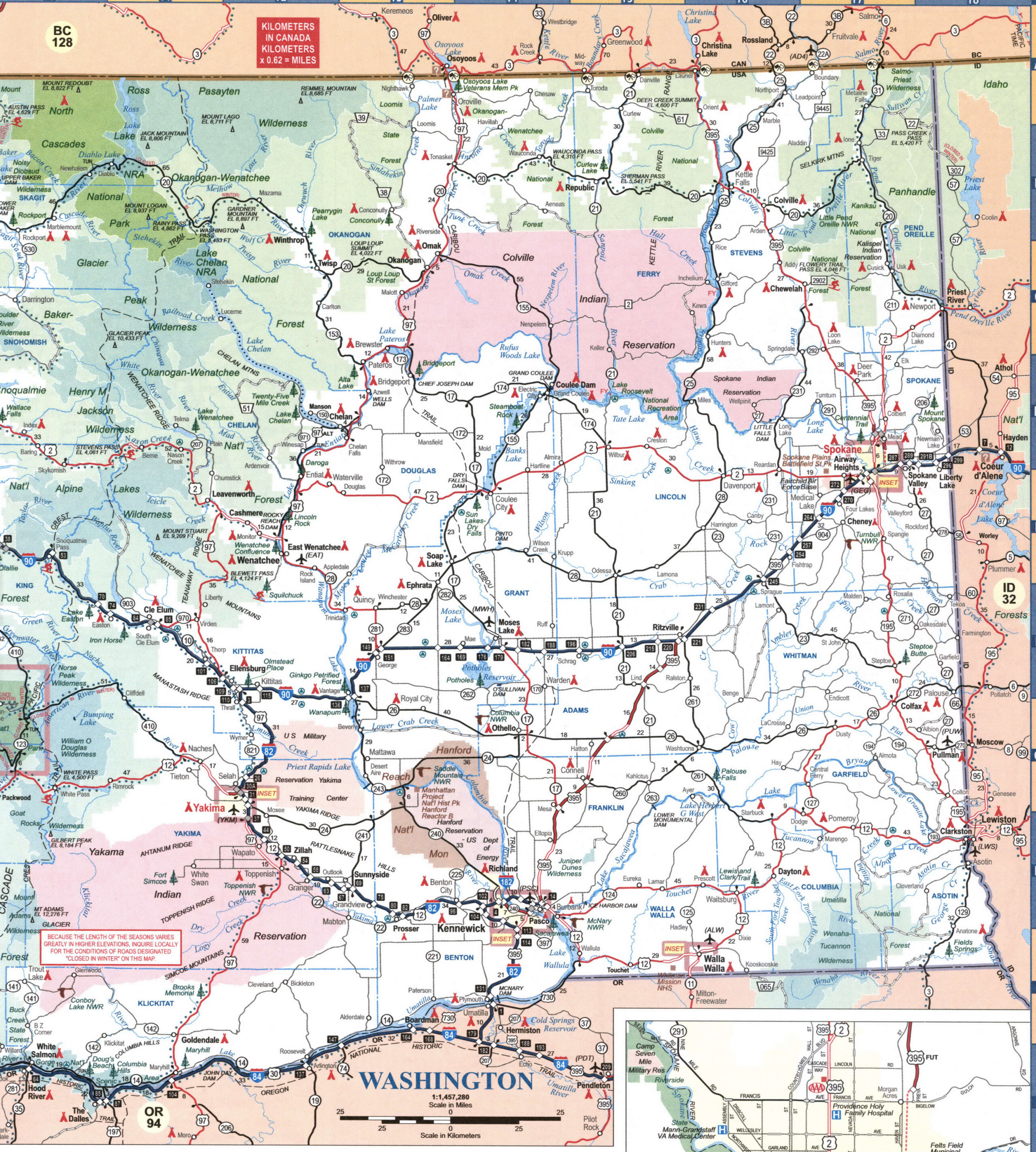 Map of eastern Washington state with highways and roads