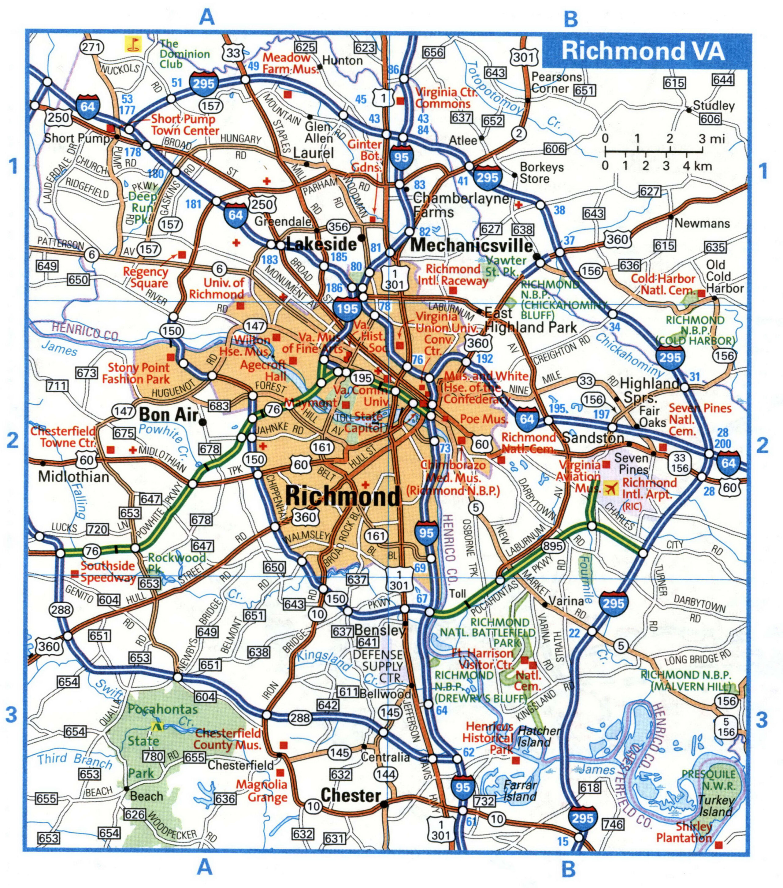 Richmond VA tourist map with points of interest