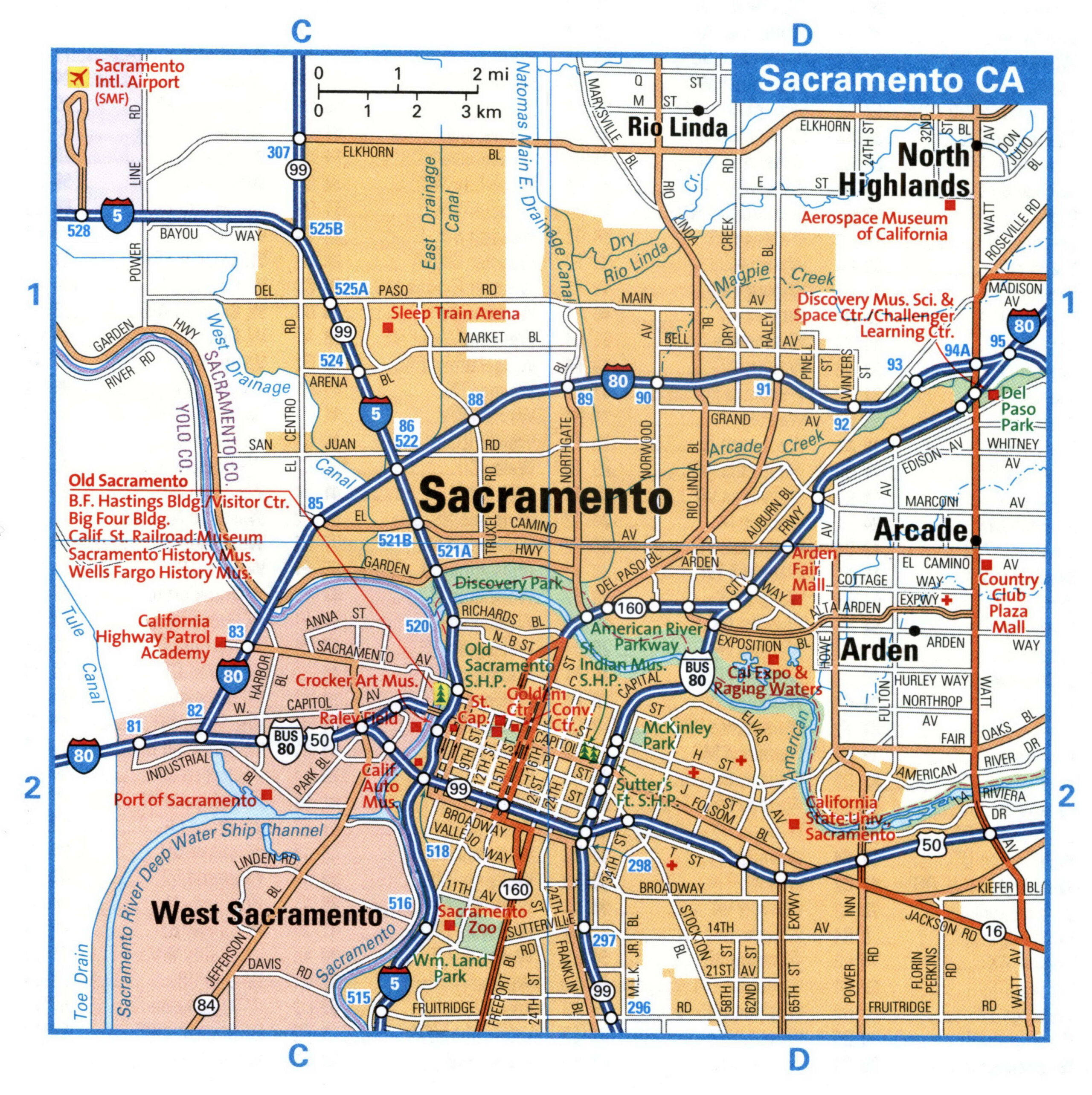 Sacramento tourist map with points of interest