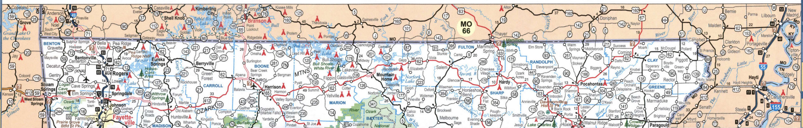 Map of Arkansas. A large map of the state of Arkansas with cities and roads