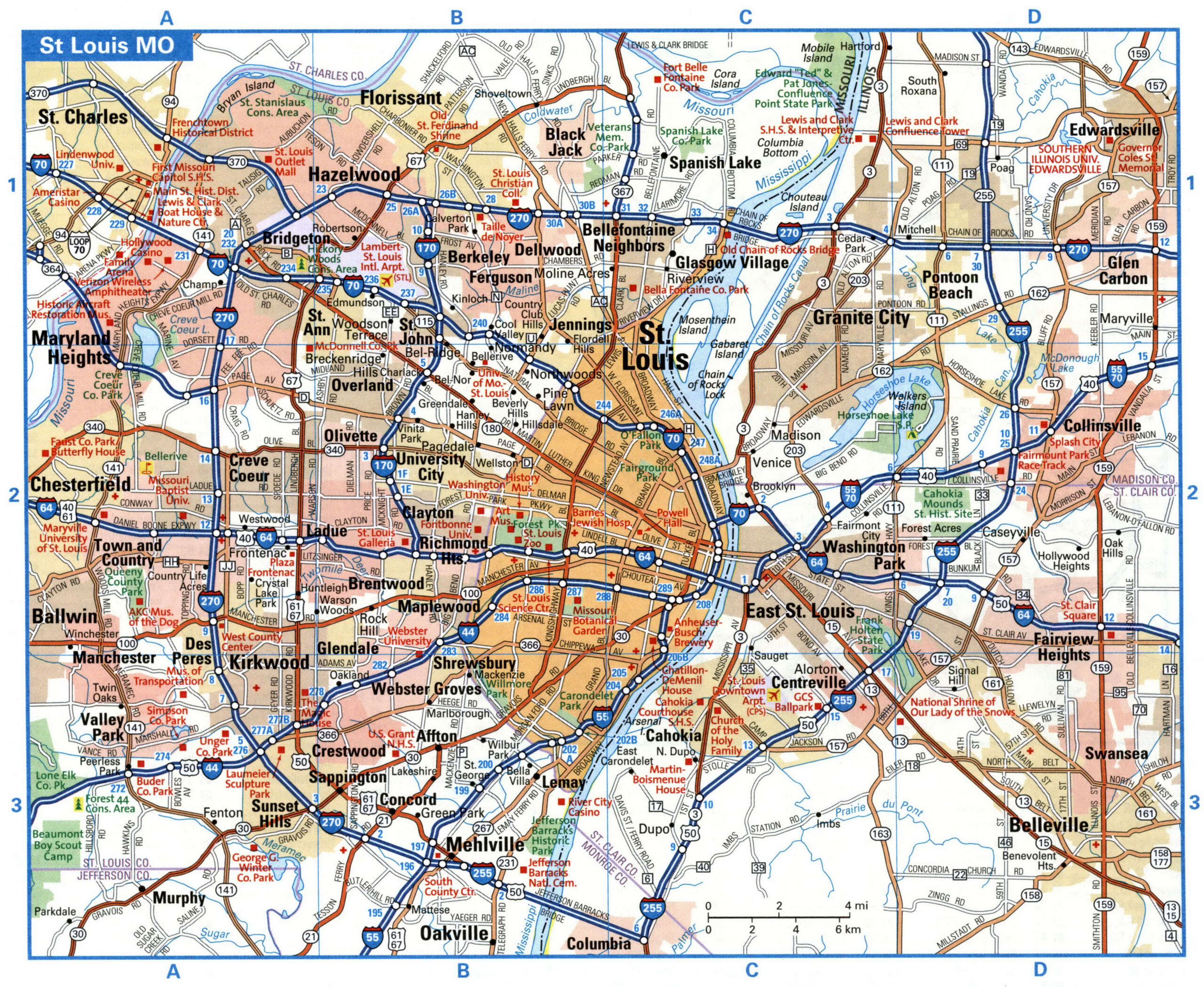 St Louis MO tourist map with points of interest