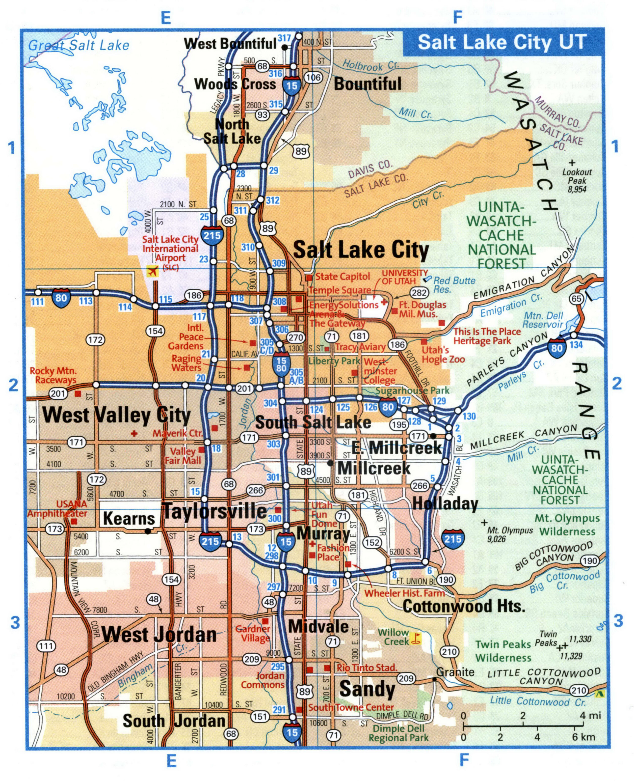 Salt Lake City UT tourist map with points of interest
