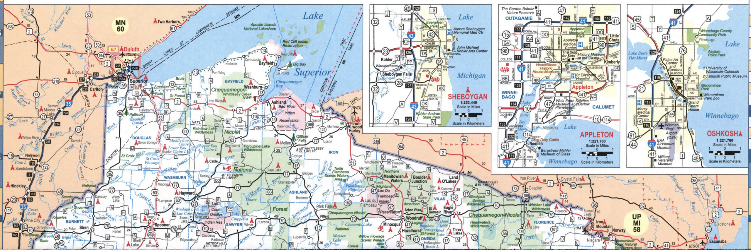 Detailed map of northern Wisconsin with cities and roads