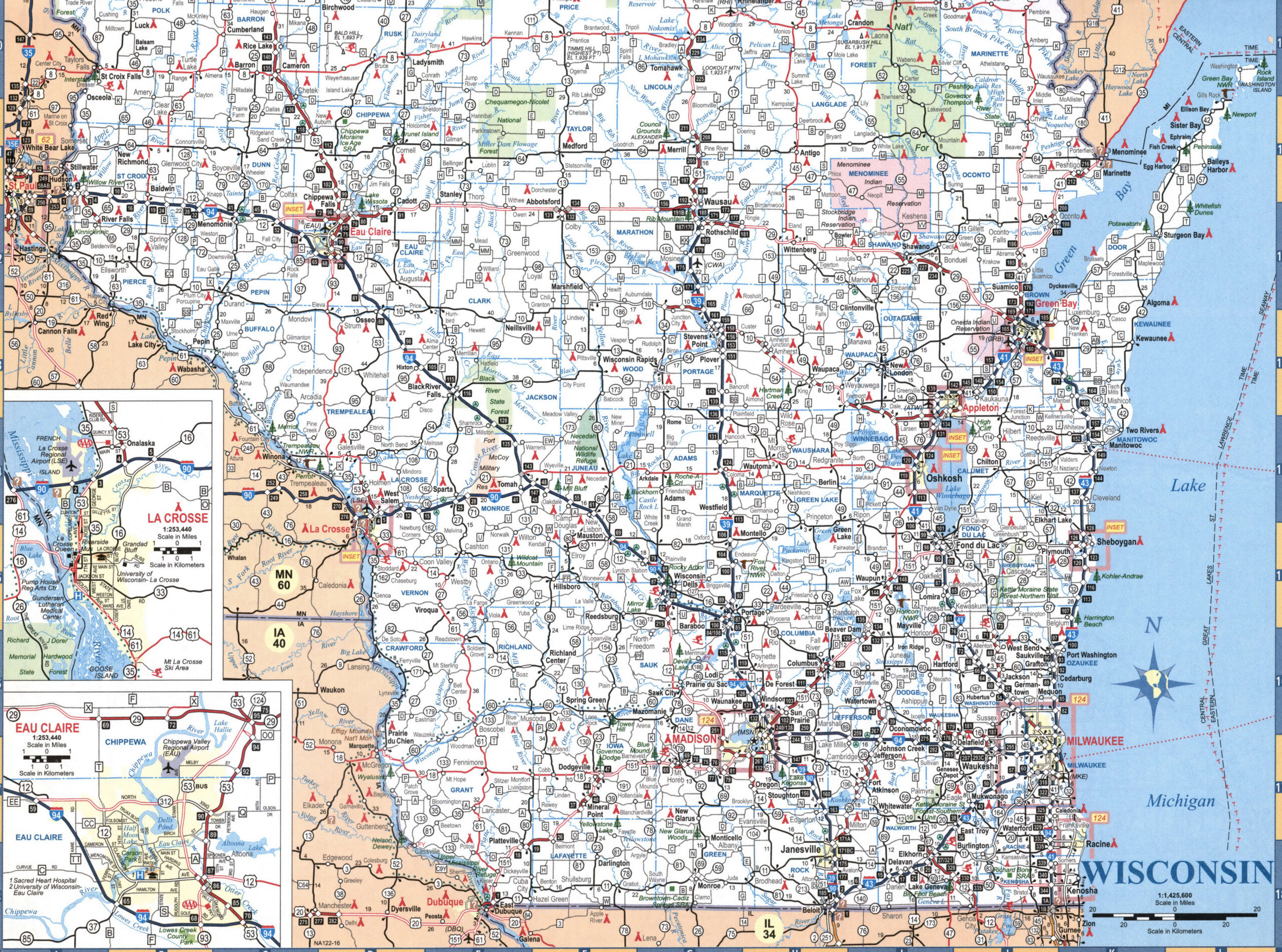 Detailed map of southern Wisconsin with cities and roads