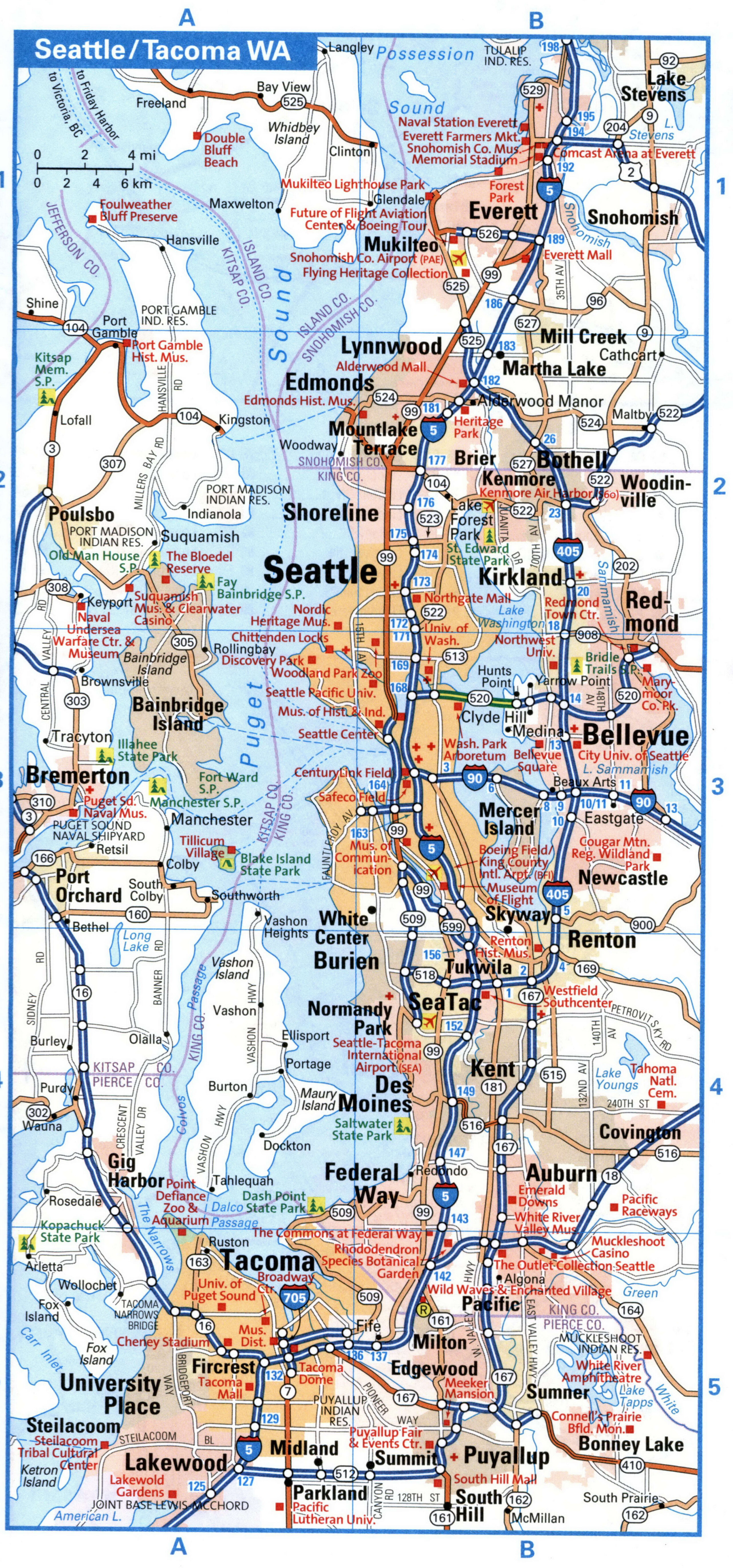 Seattle WA tourist map with points of interest