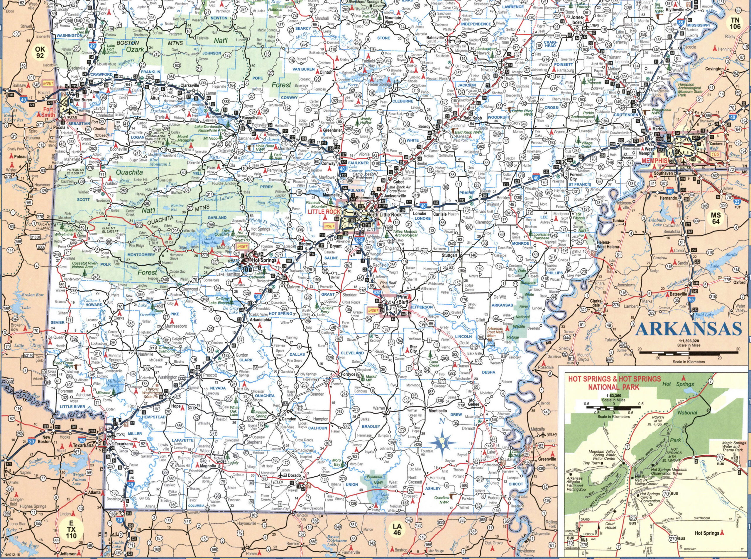 Map of Arkansas. A large map of the state of Arkansas with cities and roads