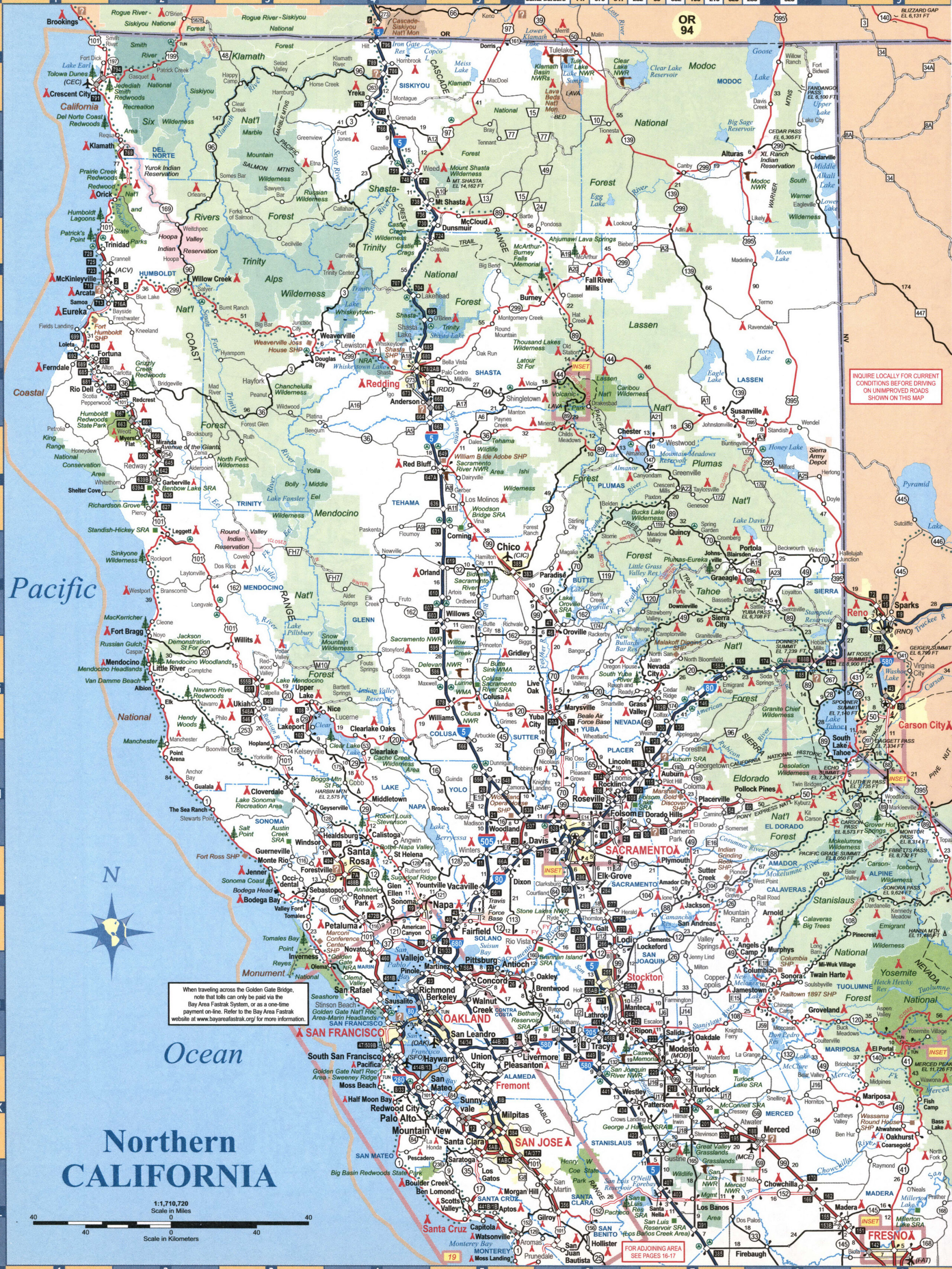Map of Northern California. A map of the northern part of California showing cities and roads