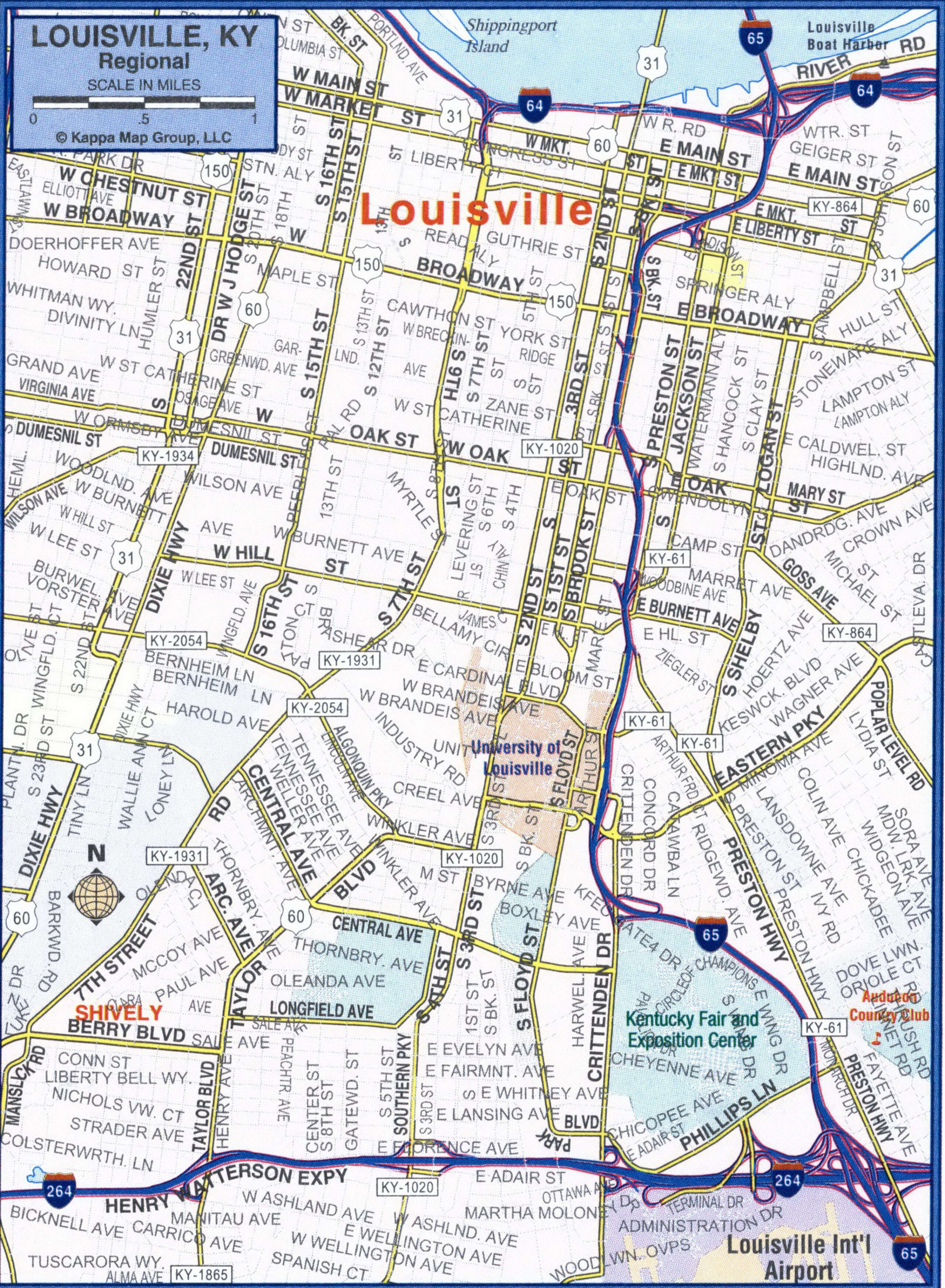 Louisville map of main highways and roads