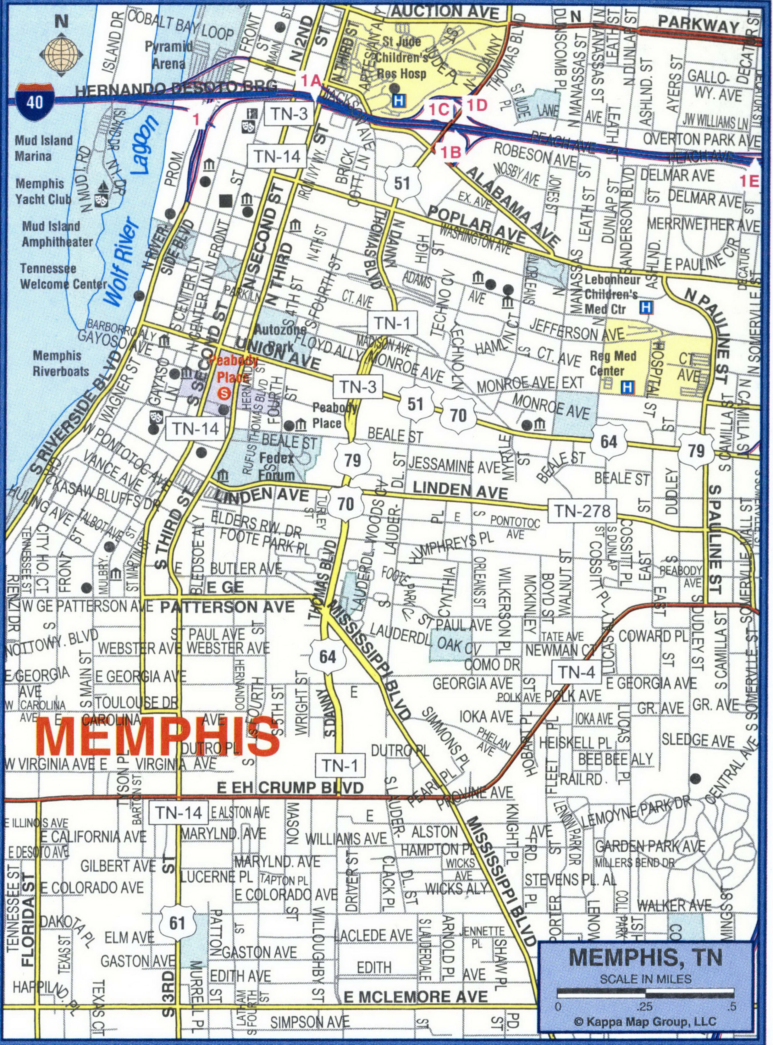 Memphis map of main highways and roads