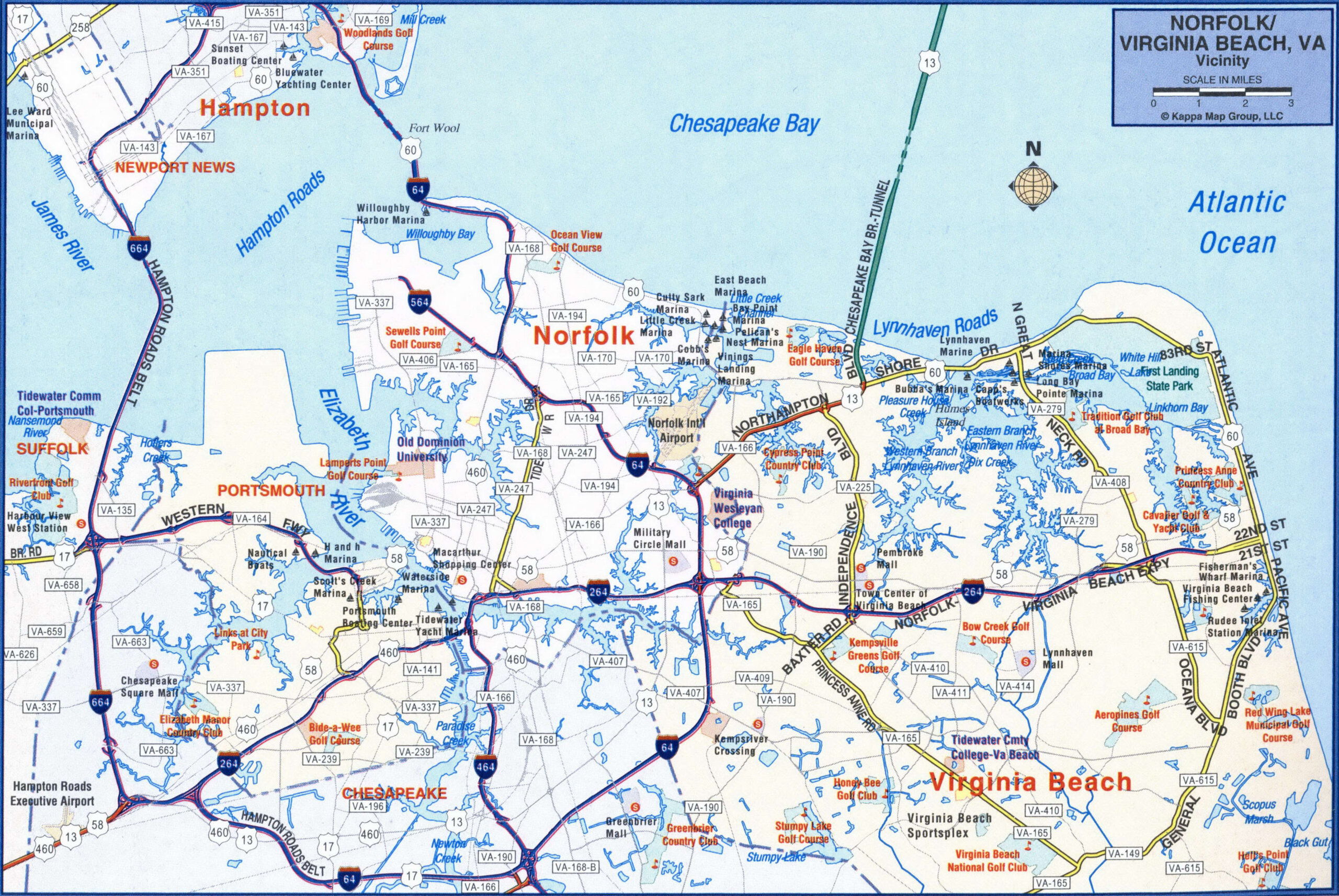 Vicinity Virginia Beach map of main highways and roads