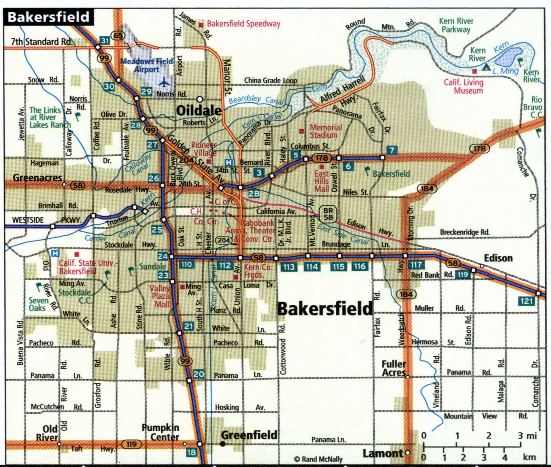 Map of Bakersfield with roads for large trucks