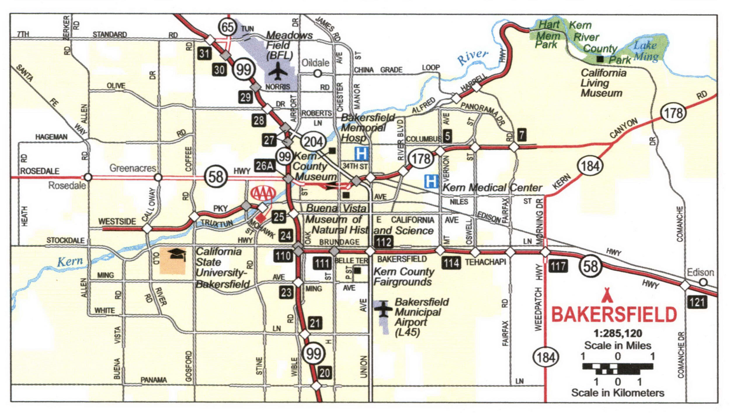 Map of highways and roads of Bakersfield