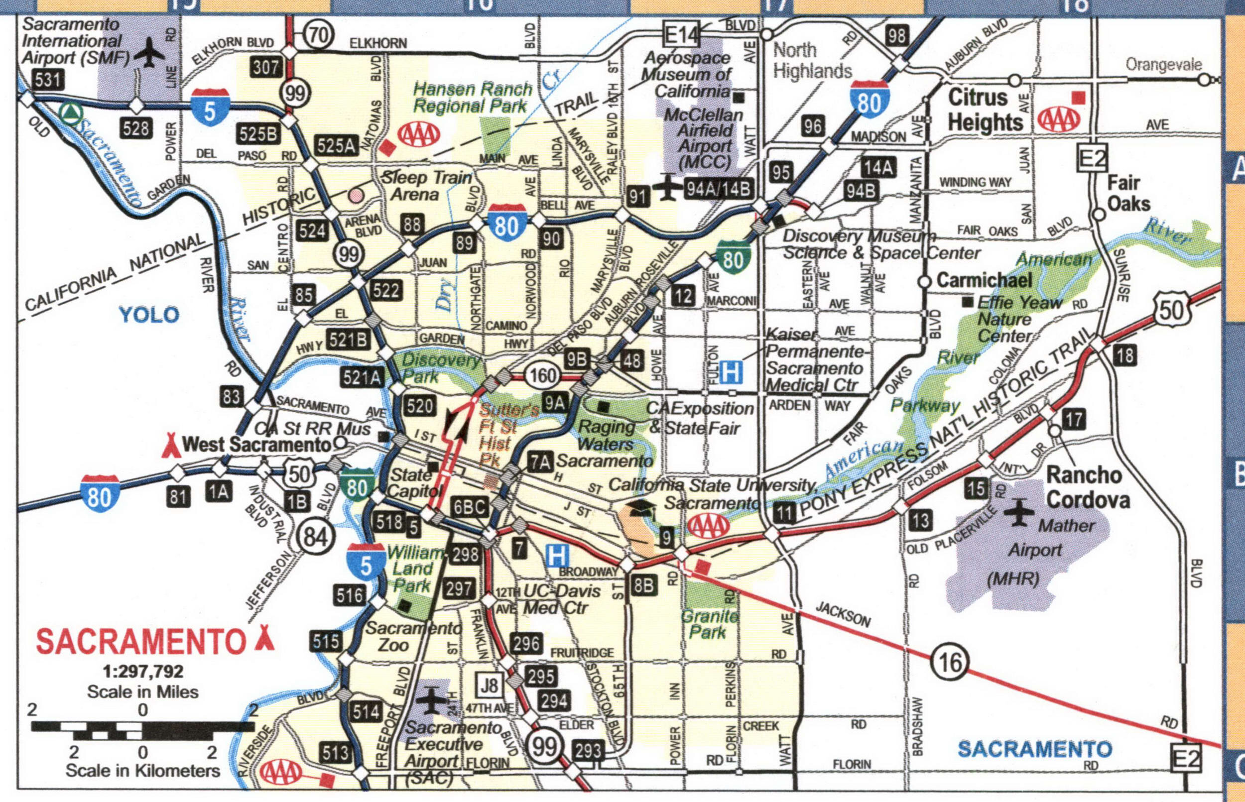 Map of highways and roads of Sacramento