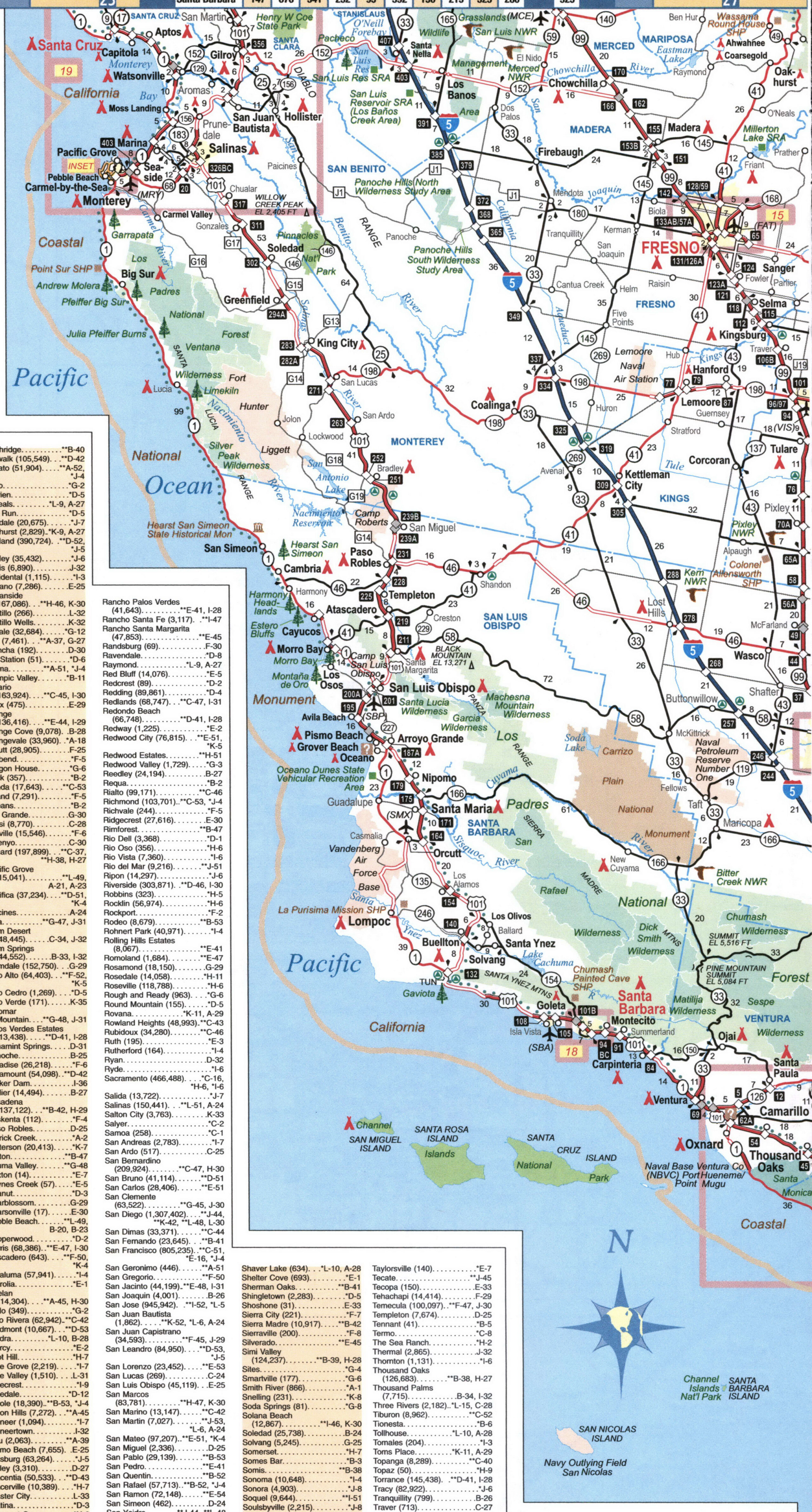 Map of central California. Map of the center of the state of California with cities and towns