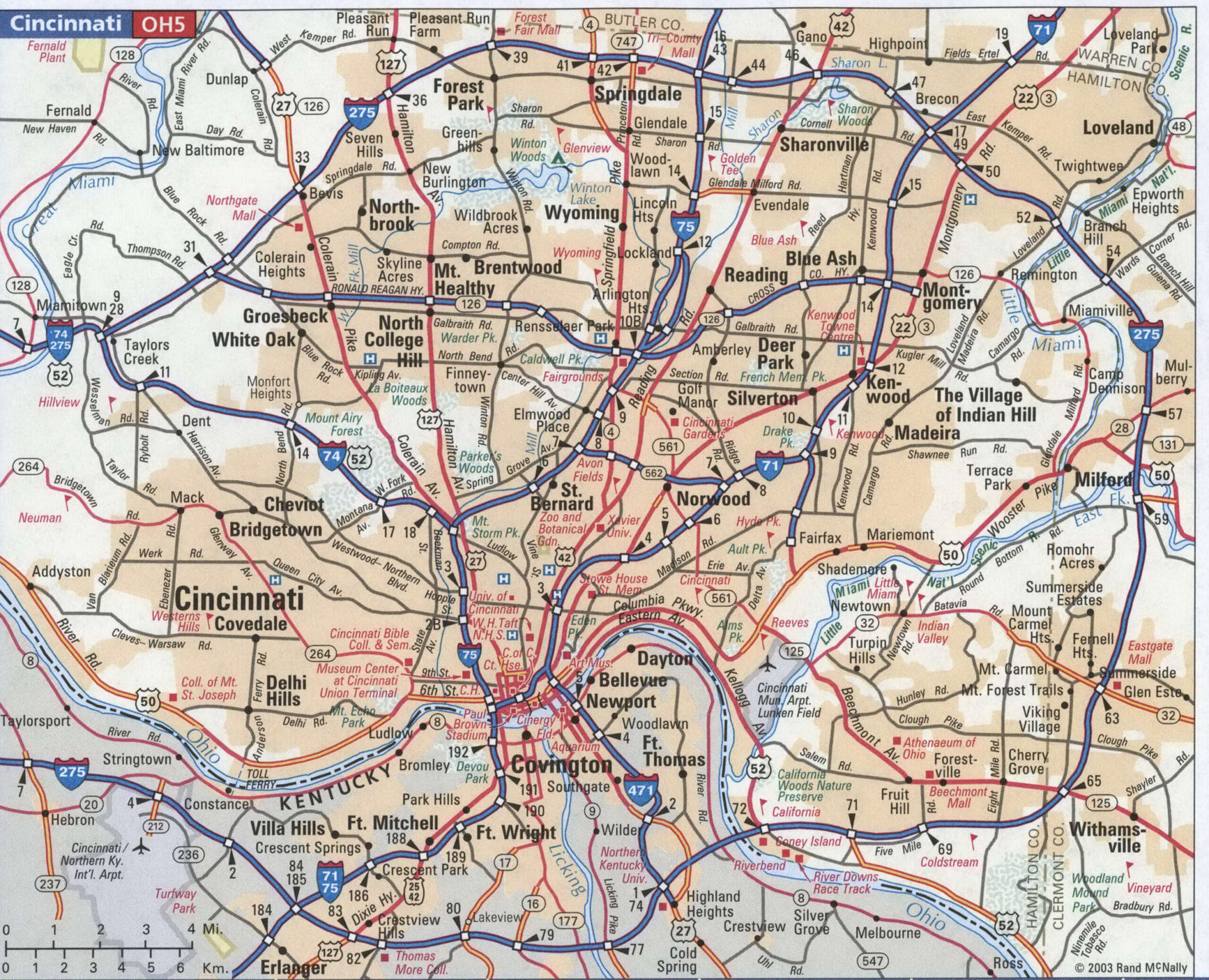 Cincinnati highway and local road map with route numbers