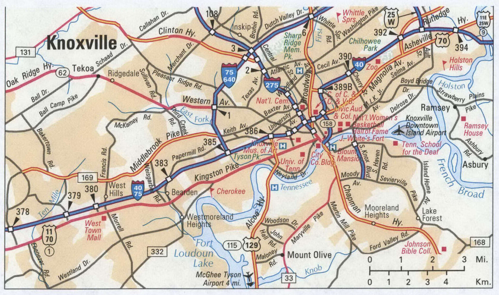Knoxville road and highway map