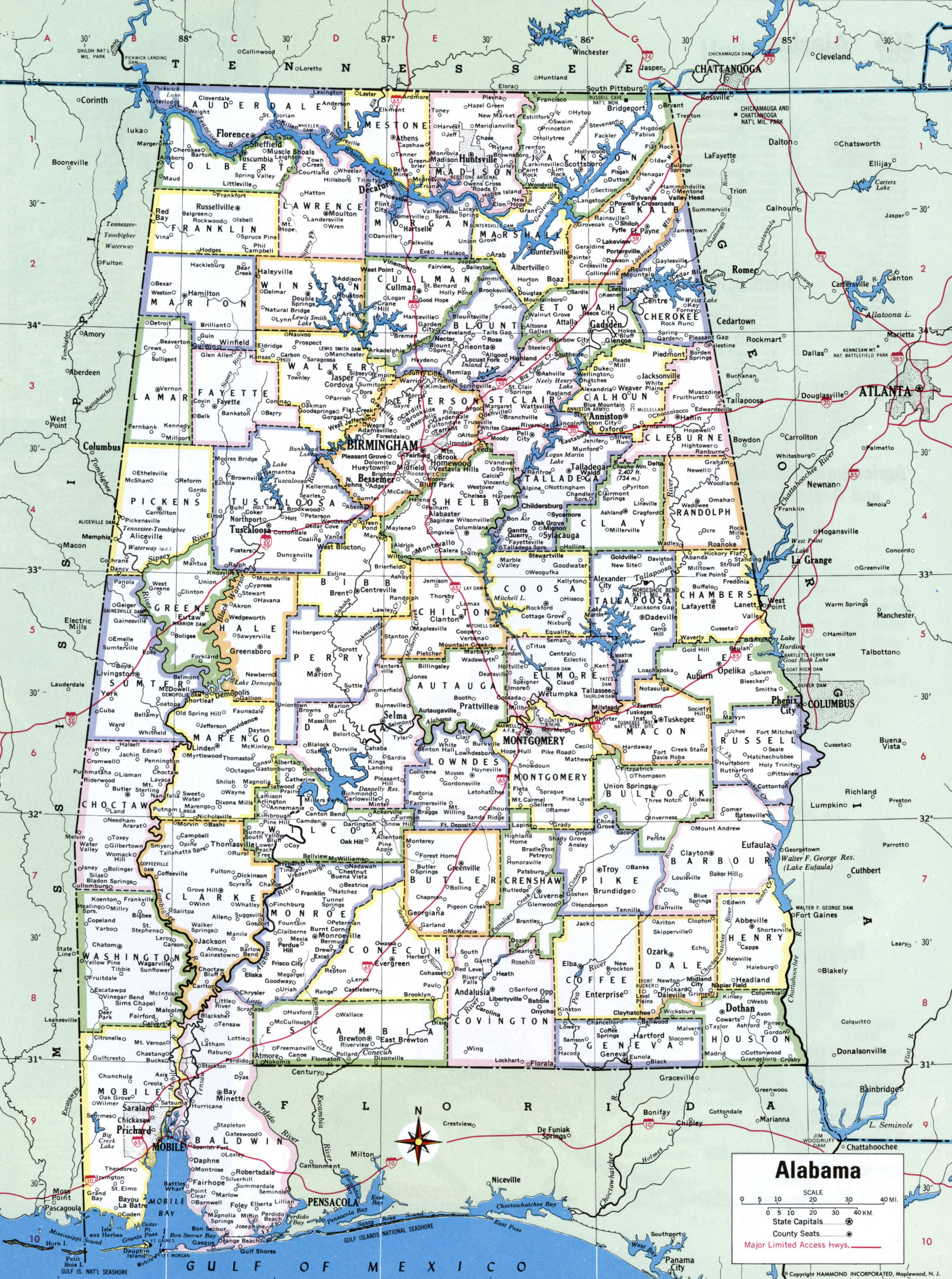 Map of Alabama with county lines