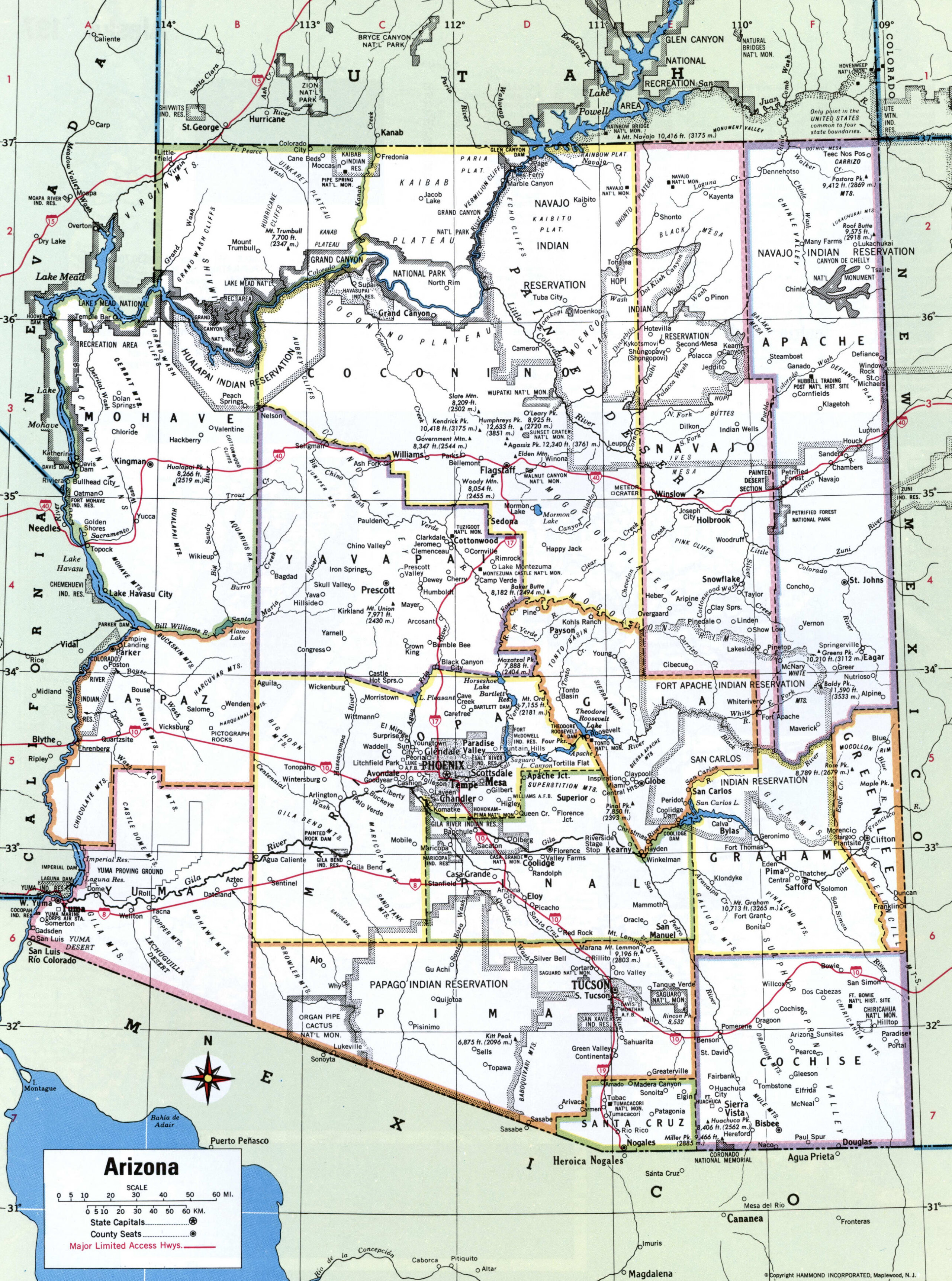 Map of Arizona with county lines