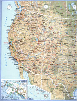 Physical map of the western USA with cities, roads, and state borders