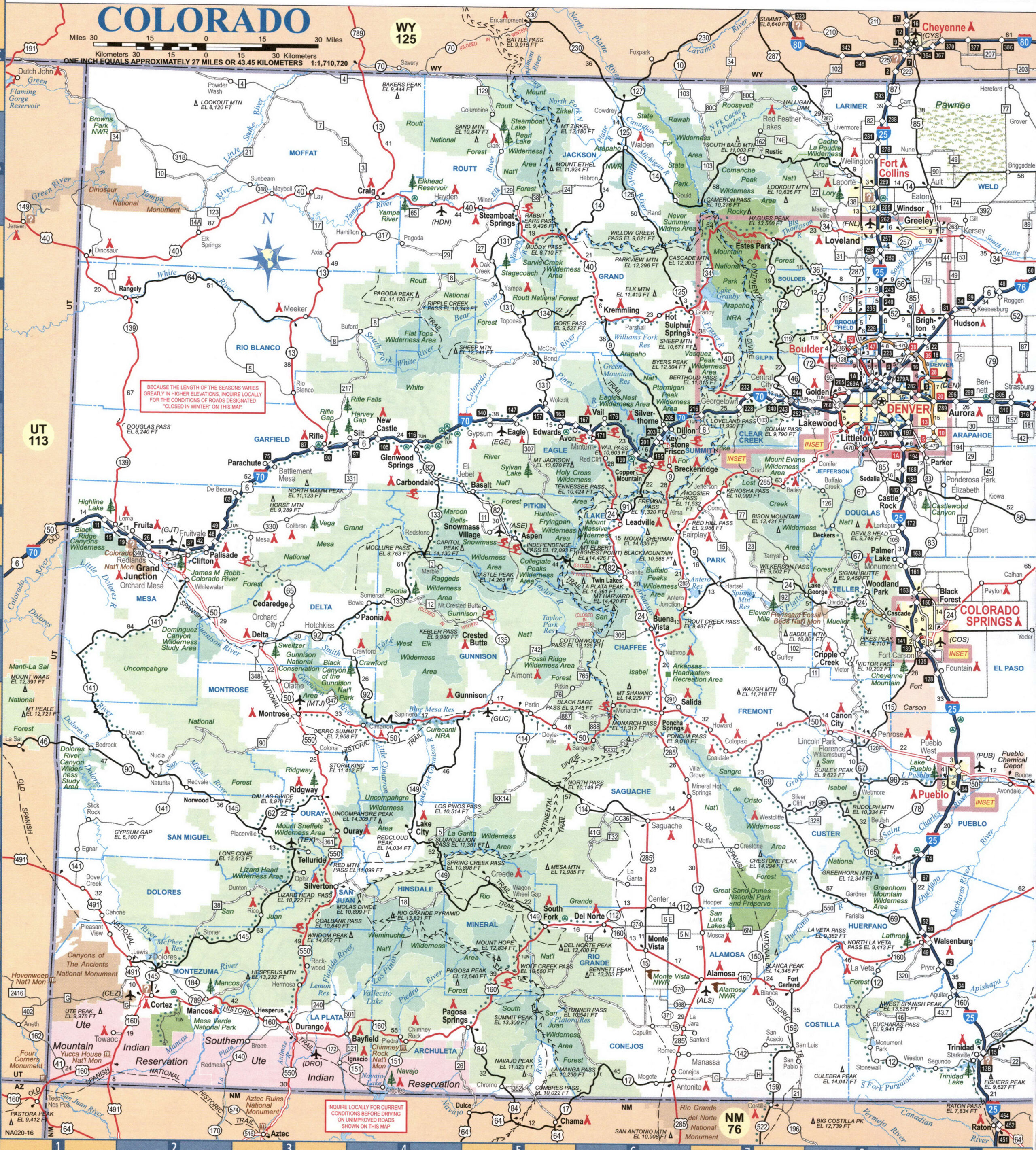 Map of western Colorado. Map of the western part of the state of Colorado with cities and towns