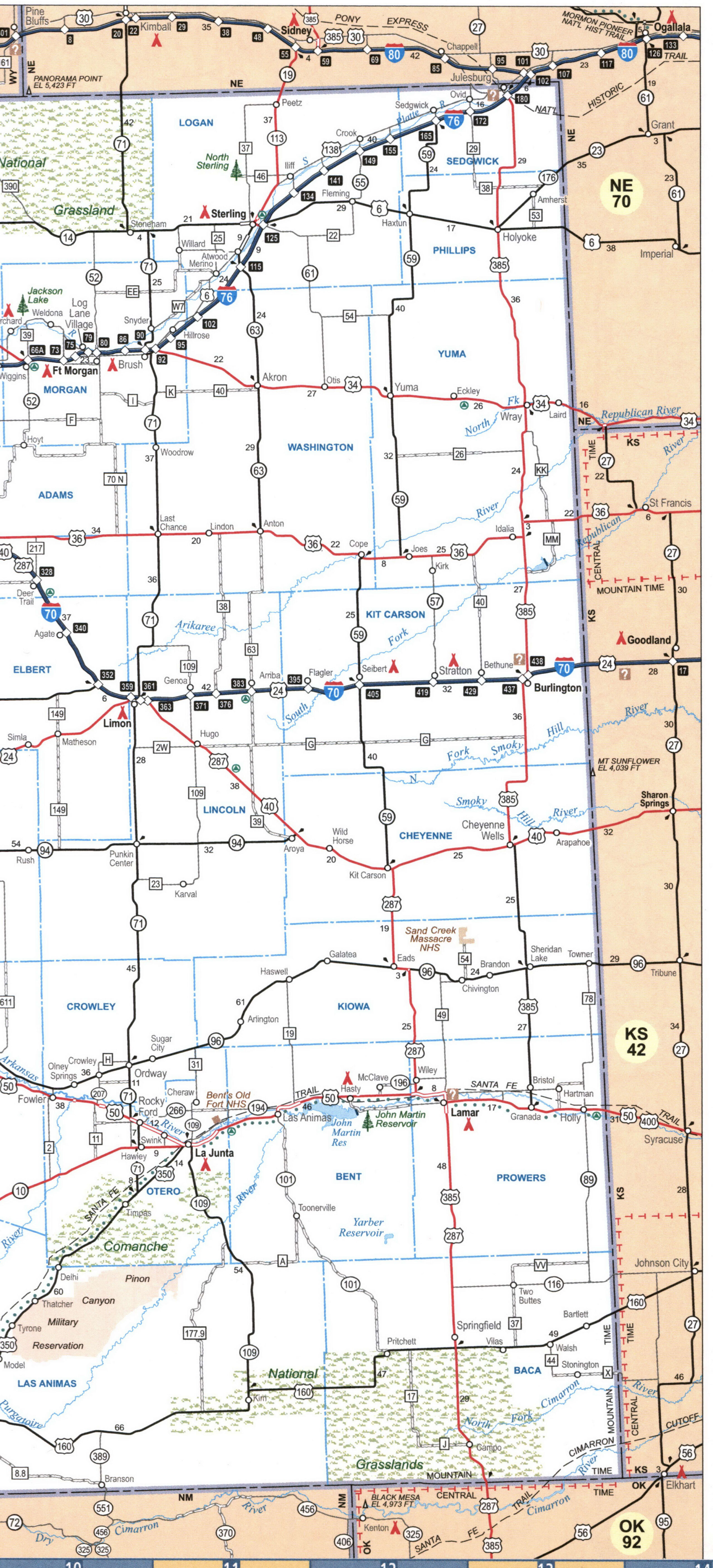 Map of eastern Colorado. Map of the eastern part of the state of Colorado with cities and towns