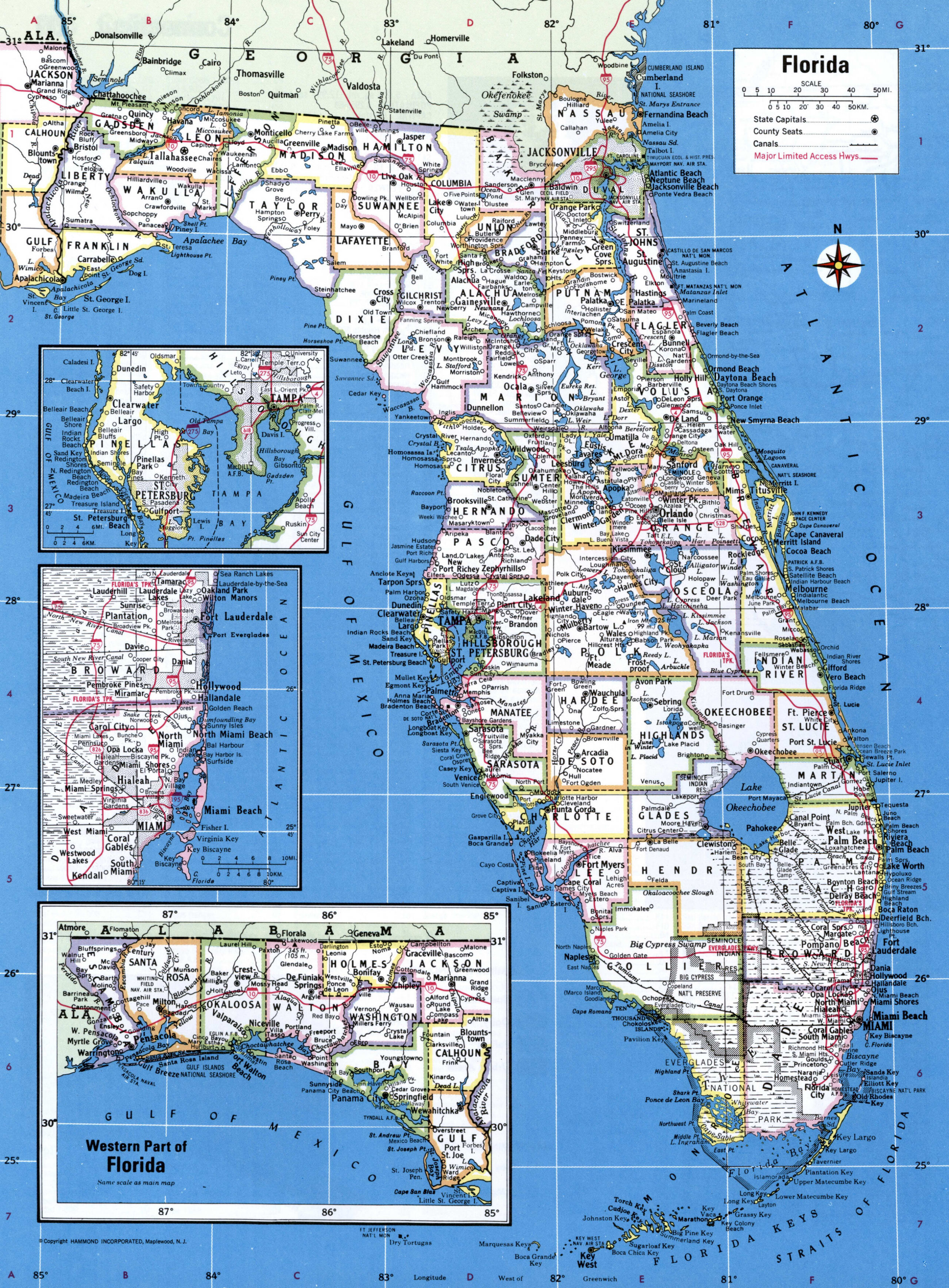 Map of Florida with county boundary lines
