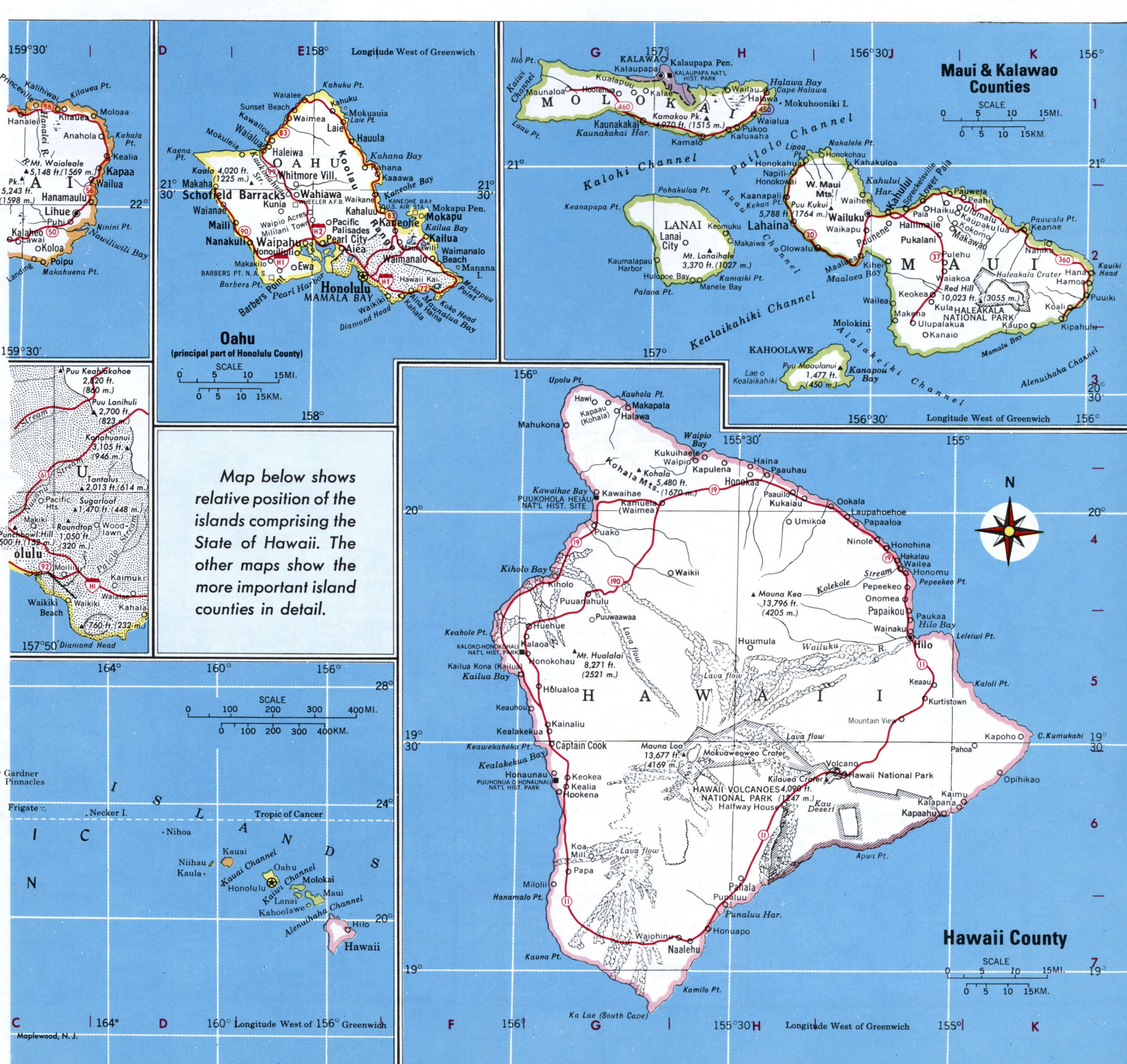 Map of Hawaii with county boundary lines