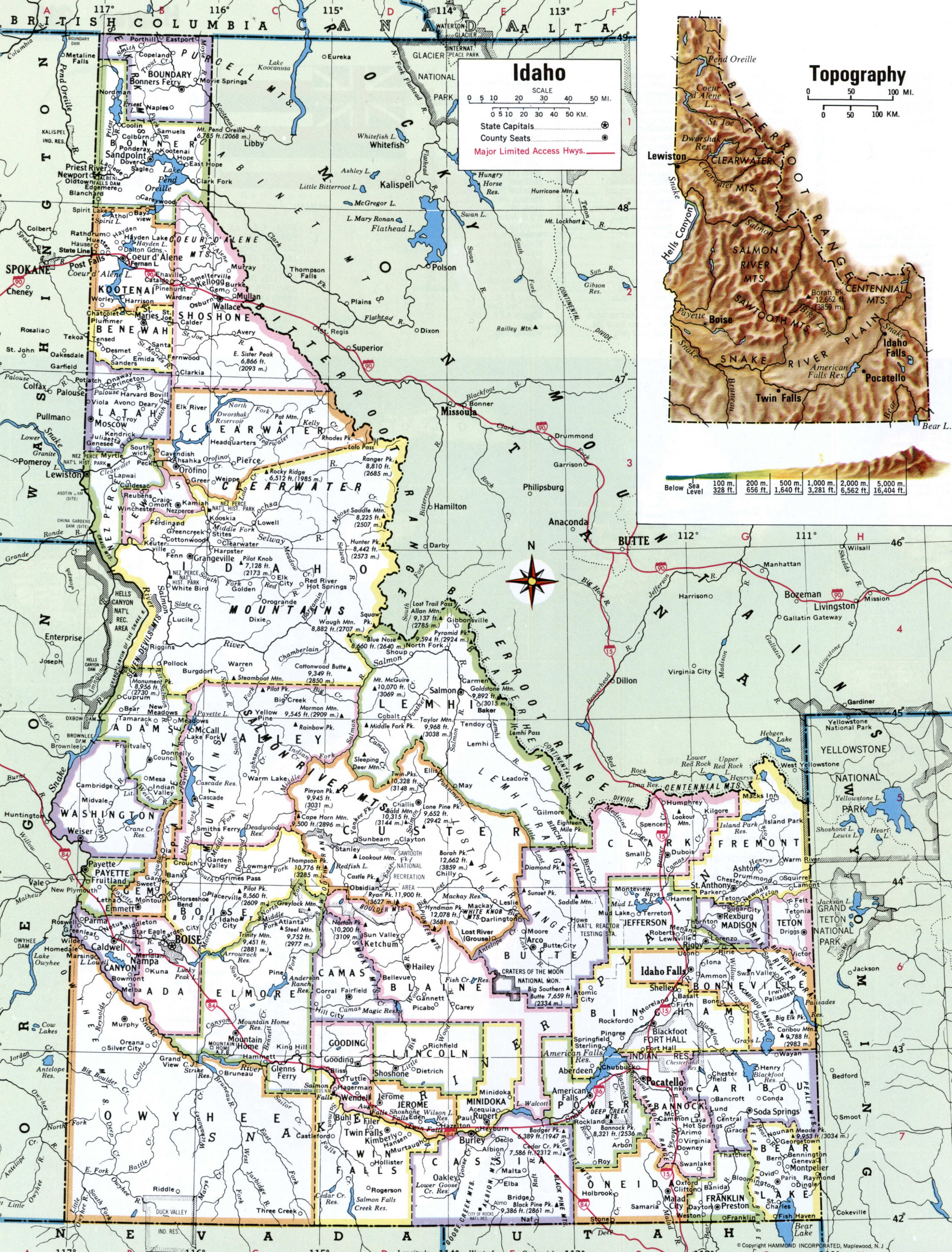Map of Idaho with county boundary lines