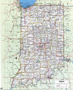 Map of Indiana with county boundary lines