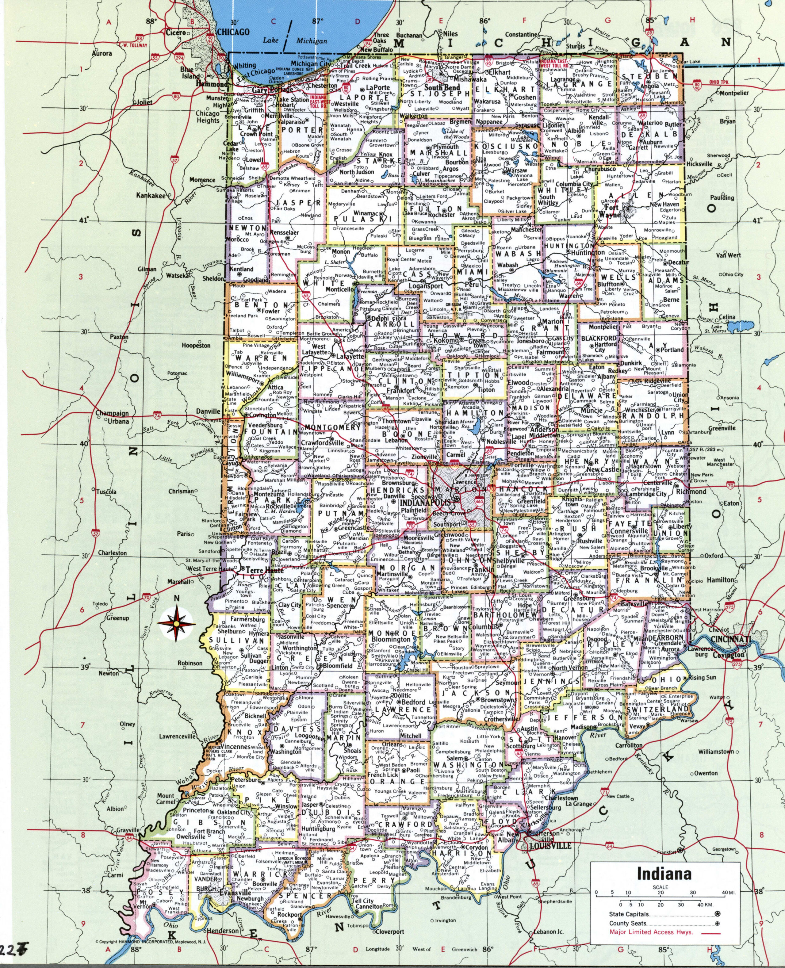 Map of Indiana with county boundary lines
