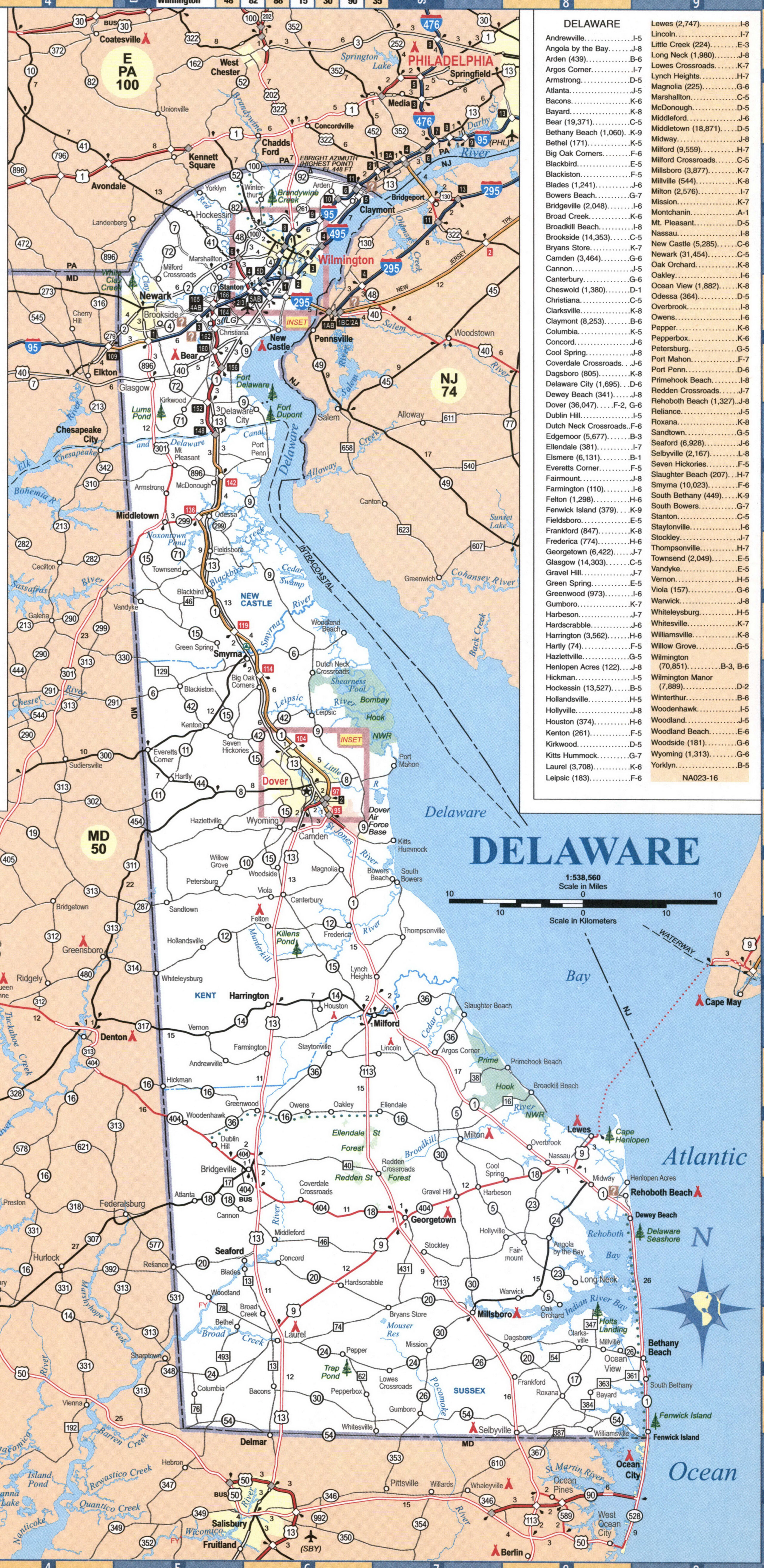 Map of Delaware. Map of the state of Delaware with cities and roads
