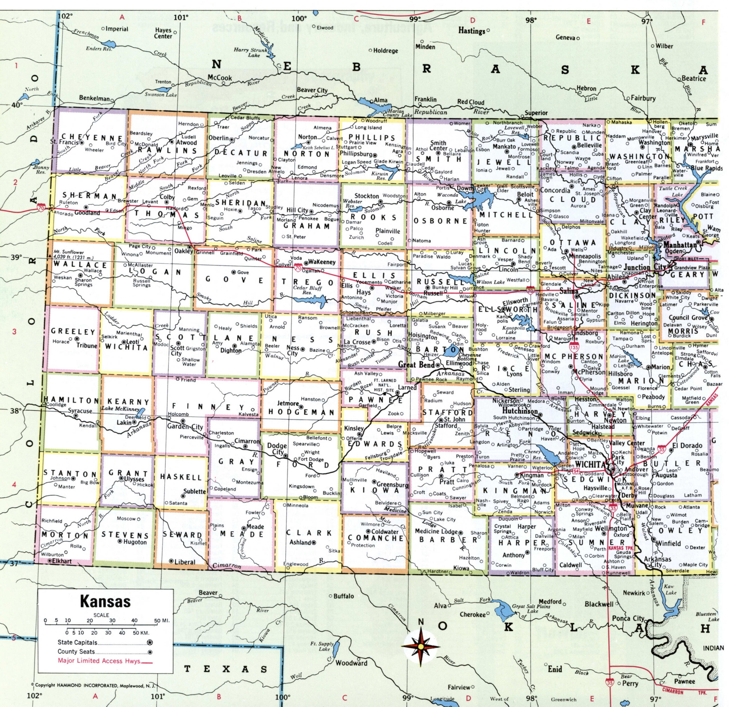 Map of Kansas with county boundary lines