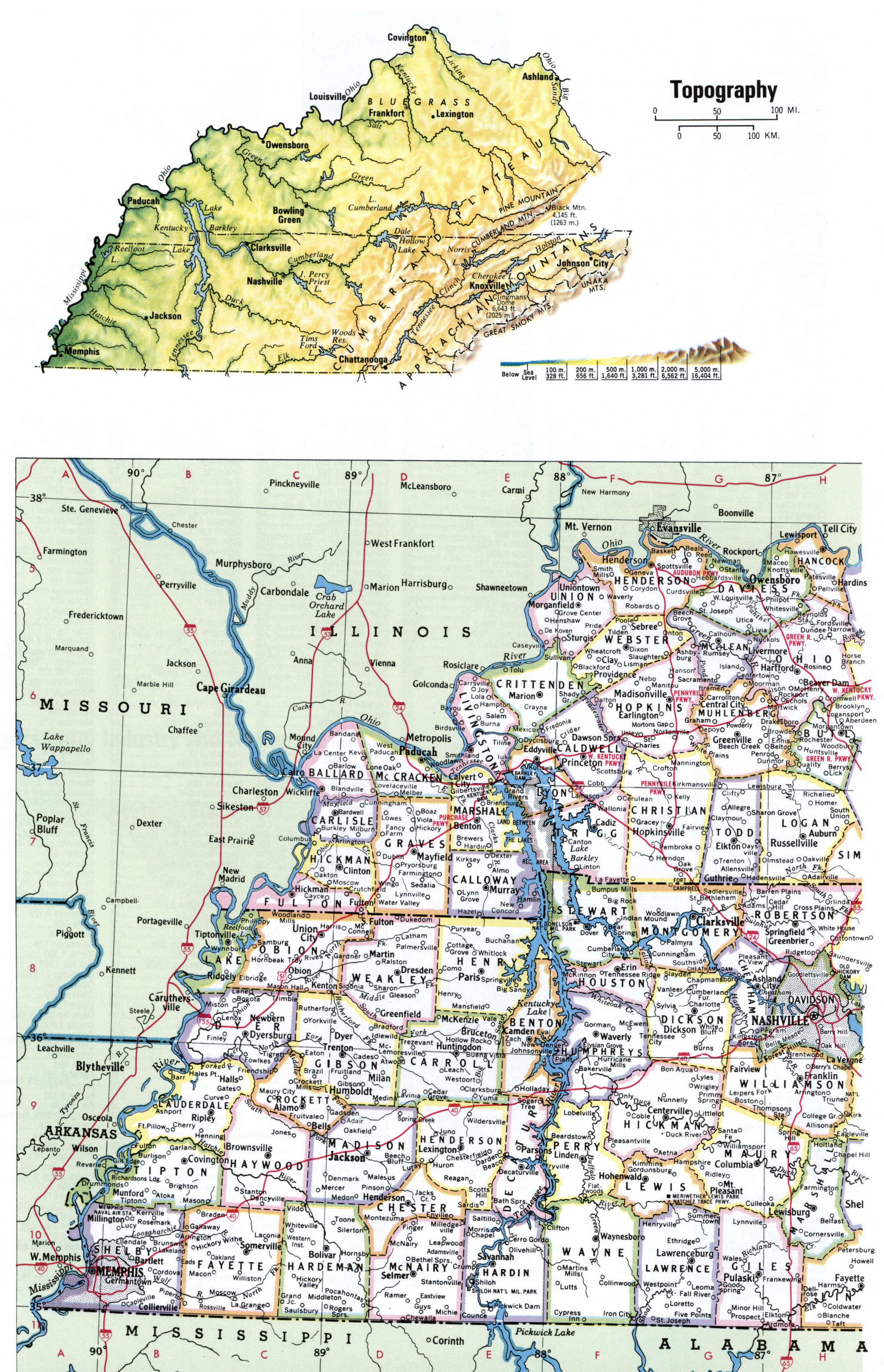 Map of Kentucky with county boundary lines