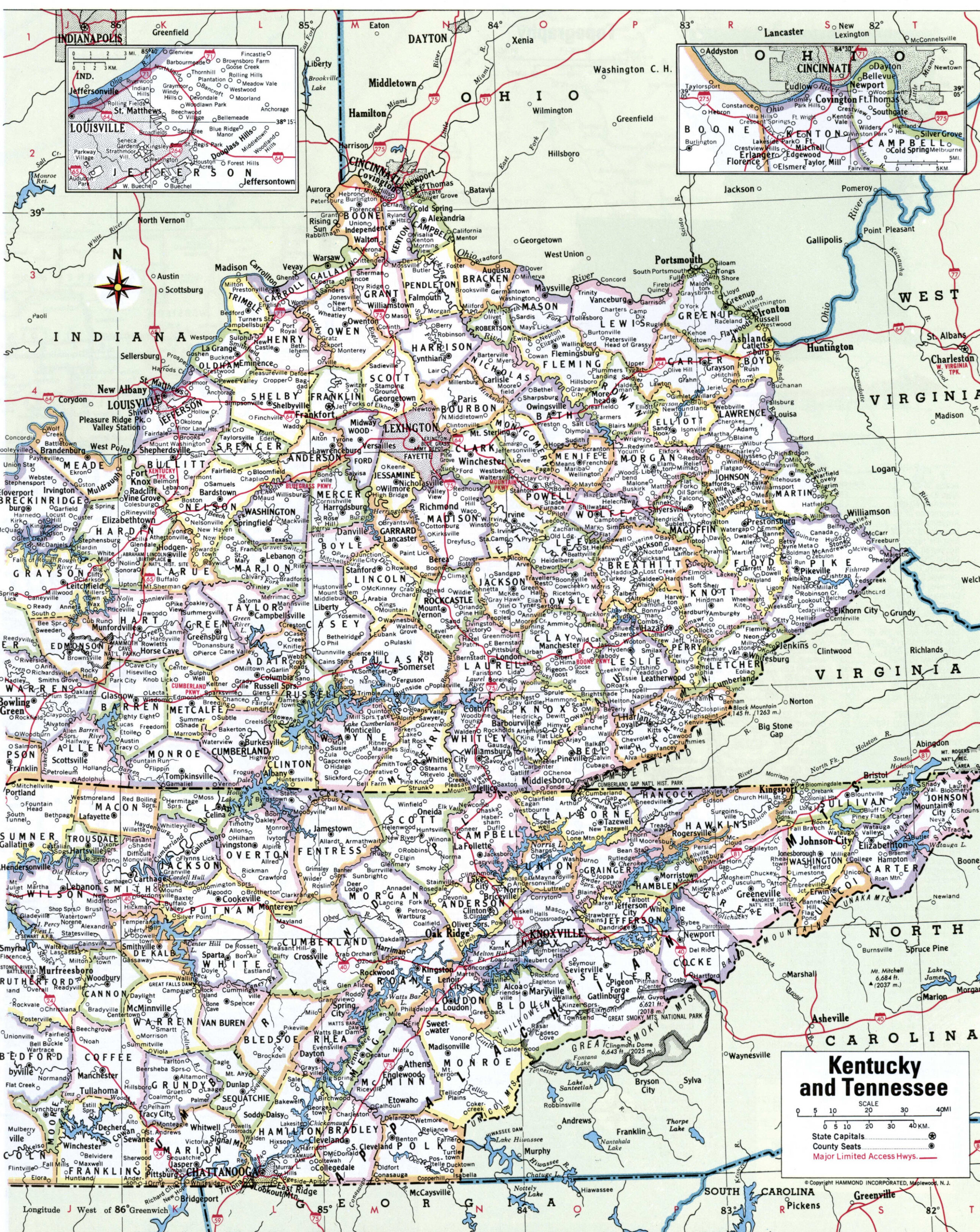 Map of Kentucky with county boundary lines