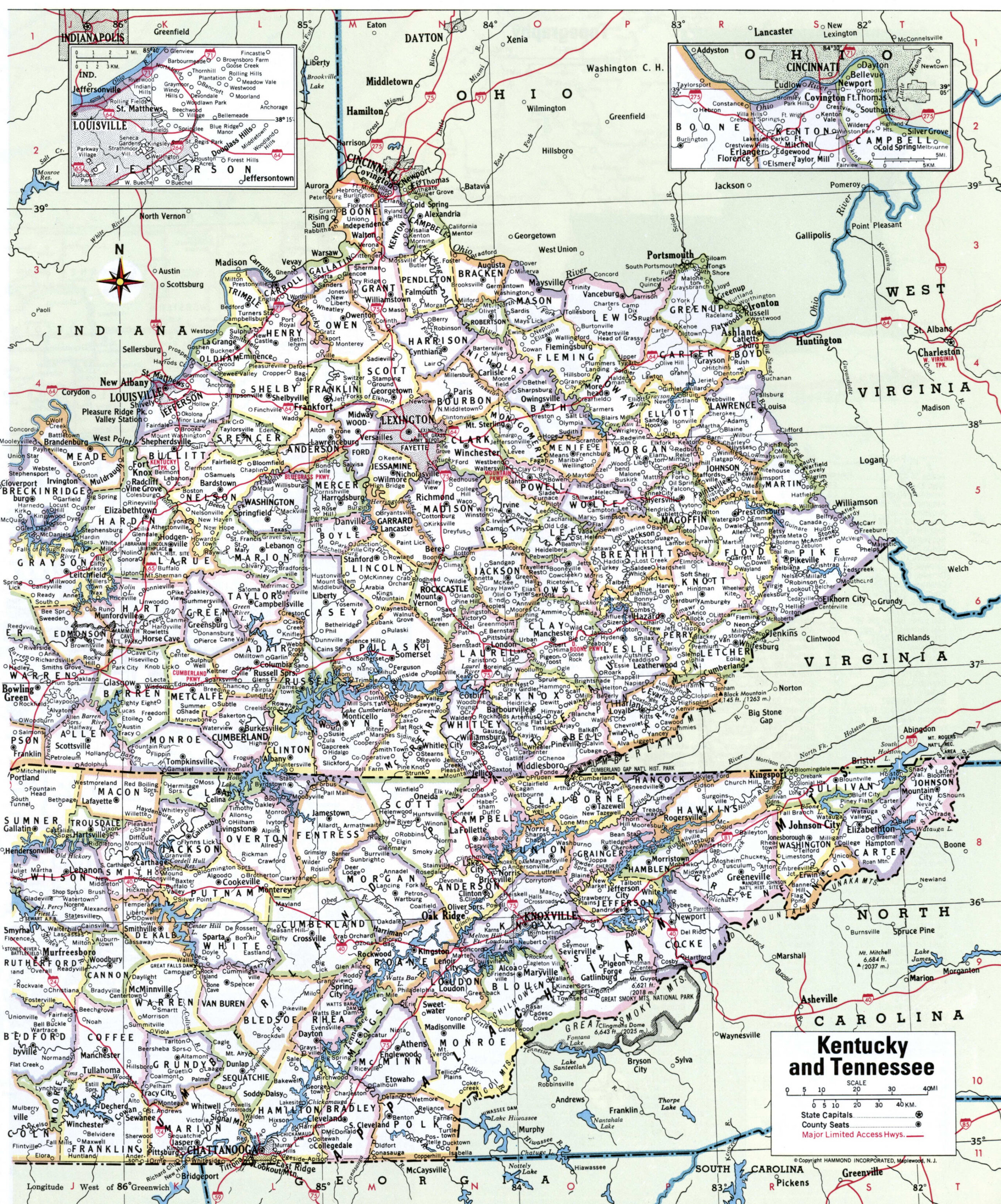 Map of Tennessee with county lines